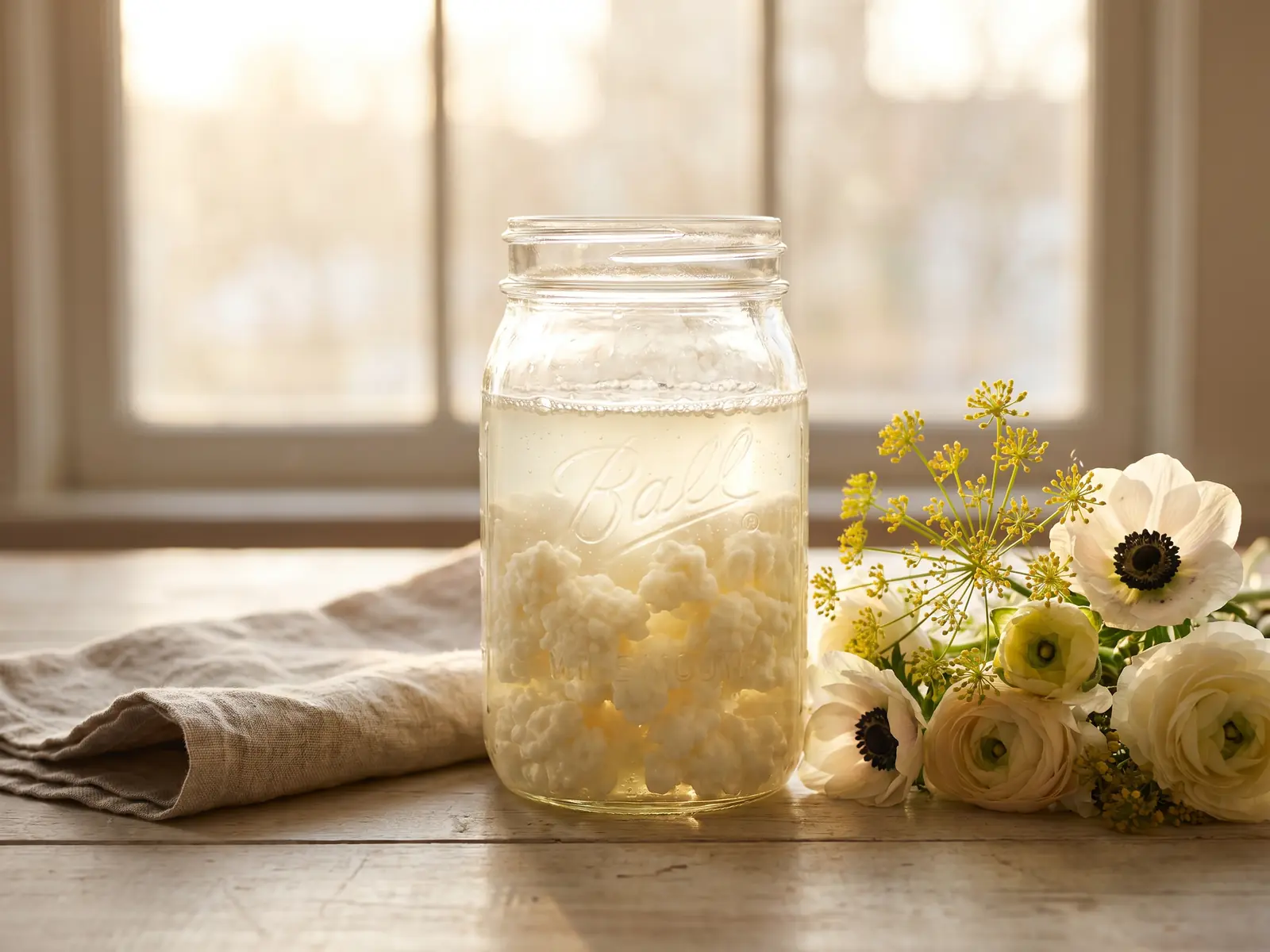 kefir hautpflege Glas mit fermentierendem Milchkefir neben Frühlingsblumen, Leinen und hellem Holz im Gegenlicht