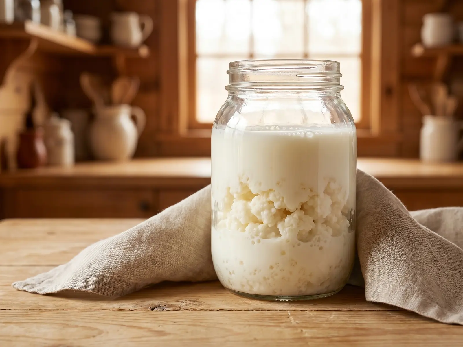 Glas mit Milchkefir und Kefirknollen im weichen Gegenlicht an einem Fenster.