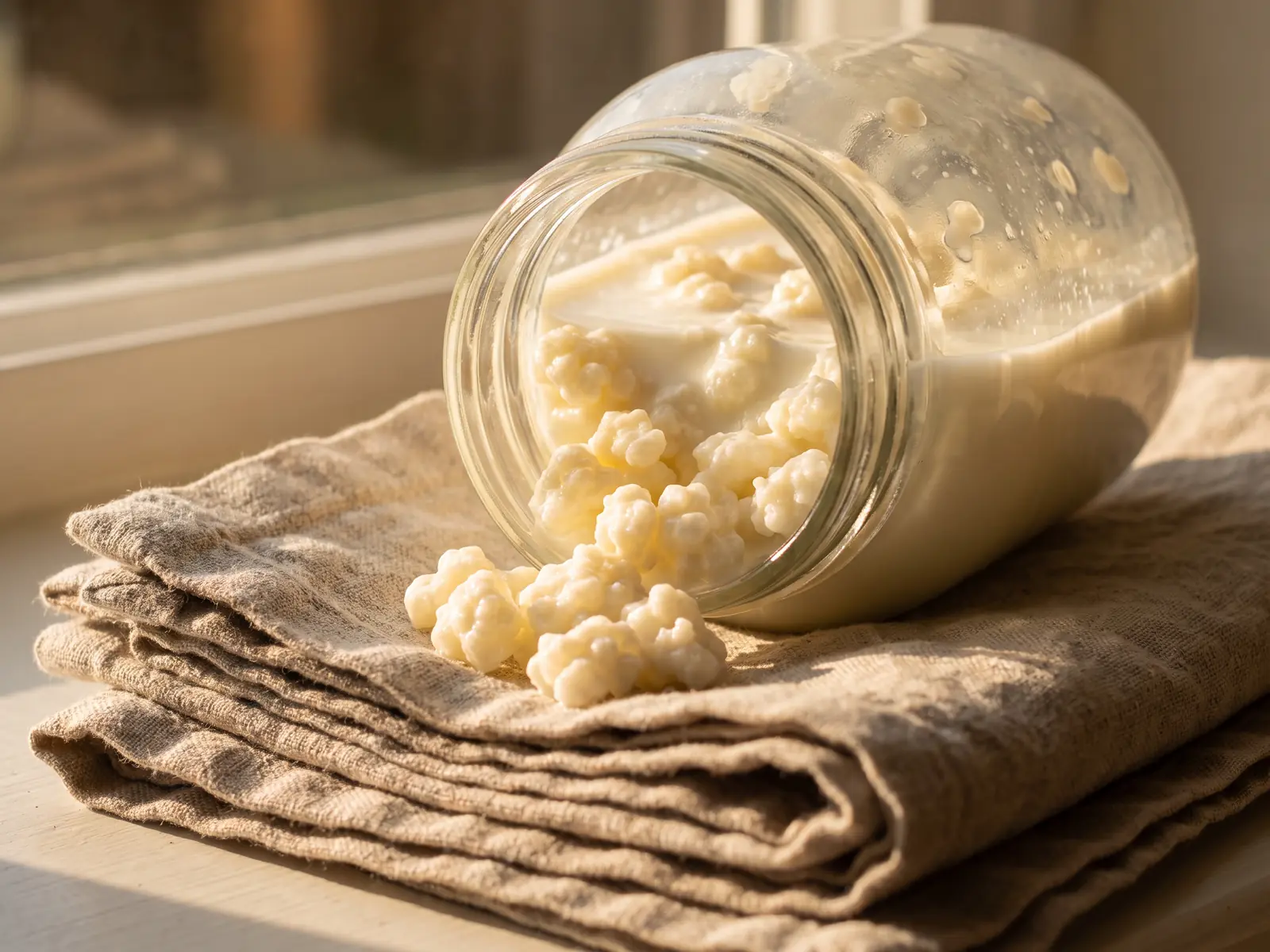 kefir nach sport Geneigtes Glas mit Milchkefir auf Leinen, Kefirknollen am Glasrand und warmem Seitenlicht.