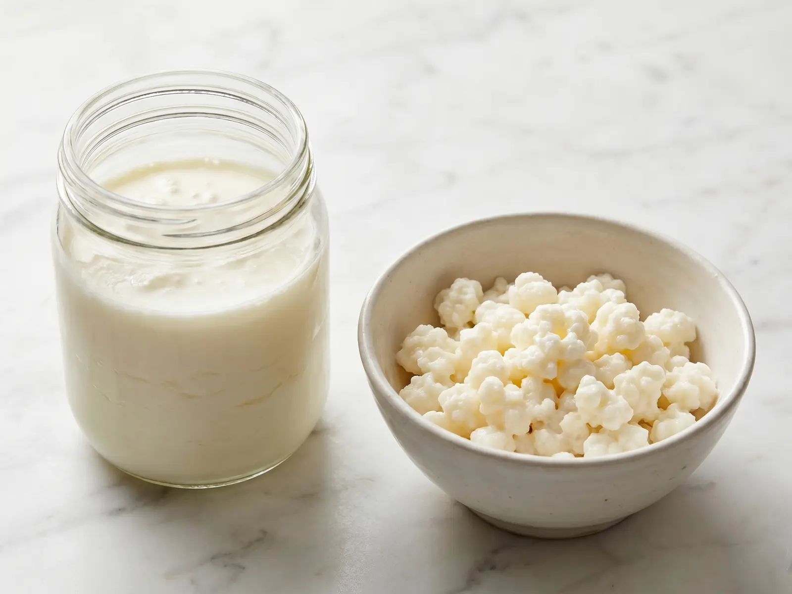 kefir trinken Geöffneter Milchkefir im Glas mit hellen Kefirknöllchen in einer Keramikschale auf weißem Marmor.