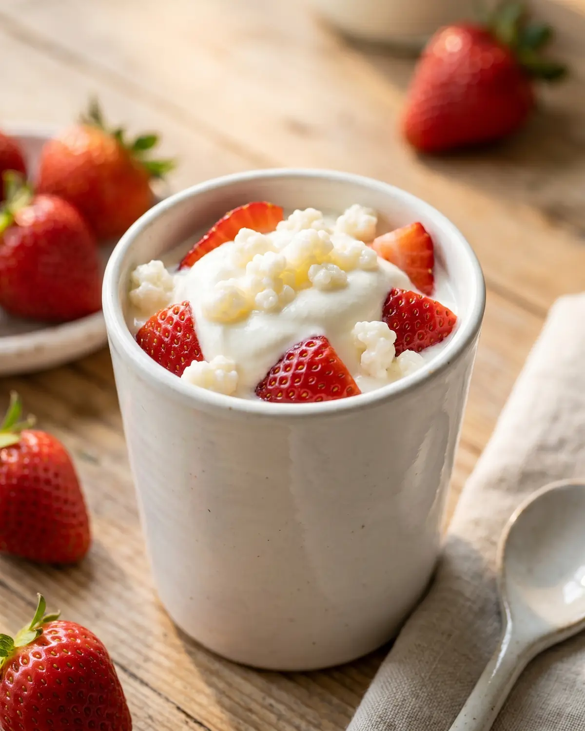 kefir ursprung Aufgeschlagener Milchkefir mit Erdbeeren im weißen Keramikglas, mit sichtbaren Samen und Sommerlicht.
