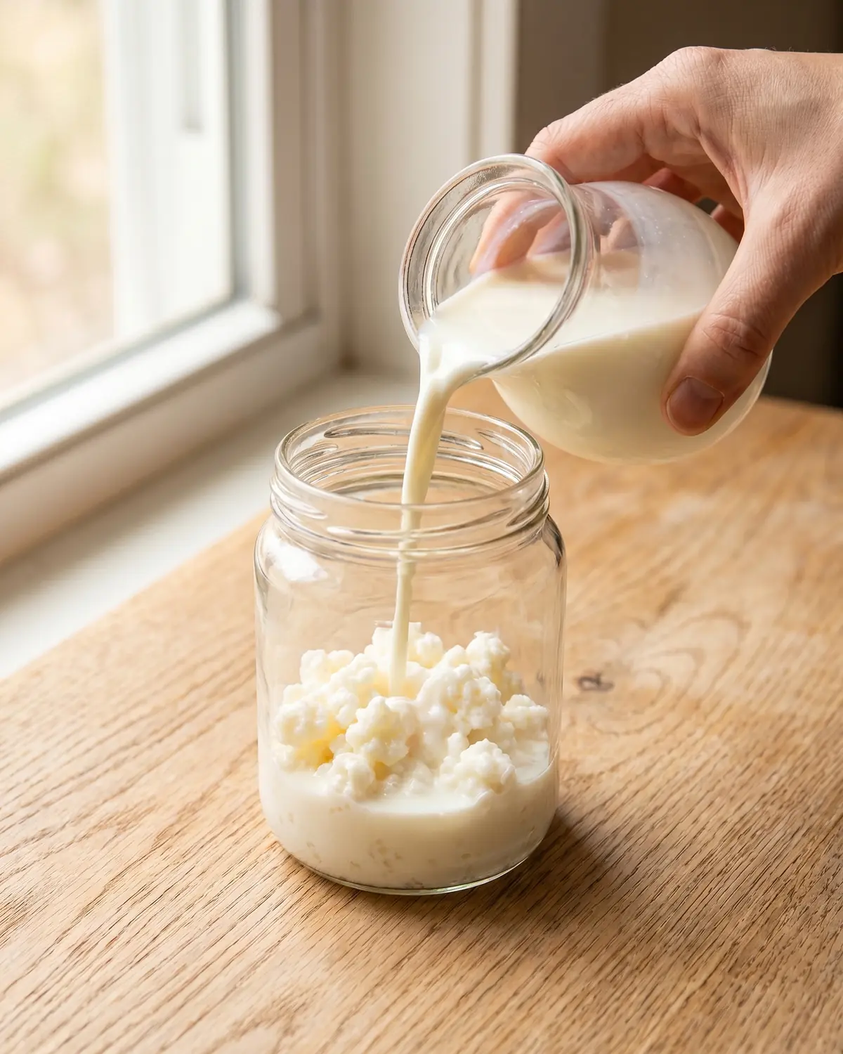 Eine Hand gie&szlig;t frische Milch &uuml;ber Kefirk&ouml;rner in ein Glas zur Fermentation zu Hause.