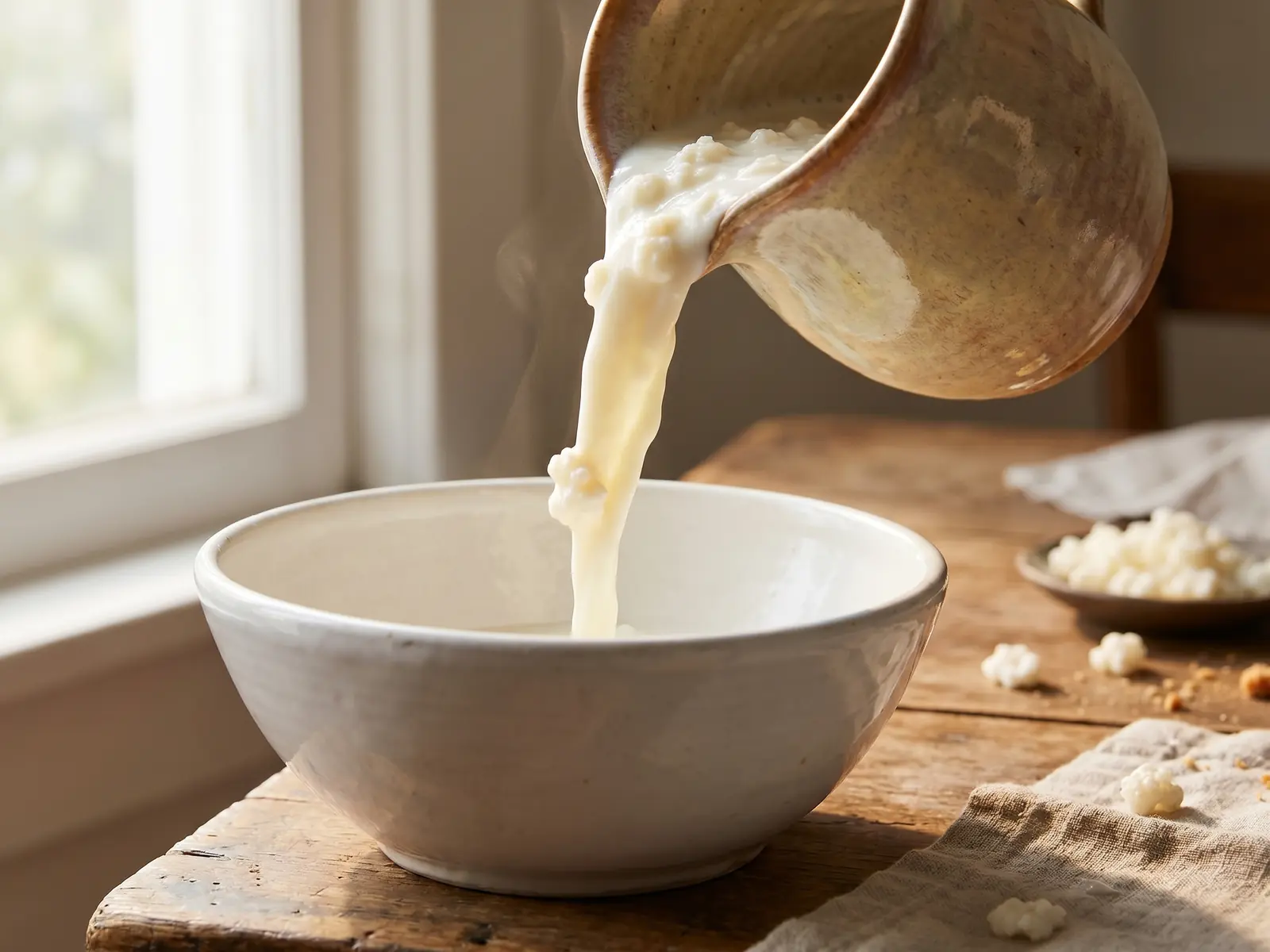 diät kefir Keramikkrug gießt cremigen Milchkefir in eine weiße Schale, beleuchtet von natürlichem Fensterlicht.