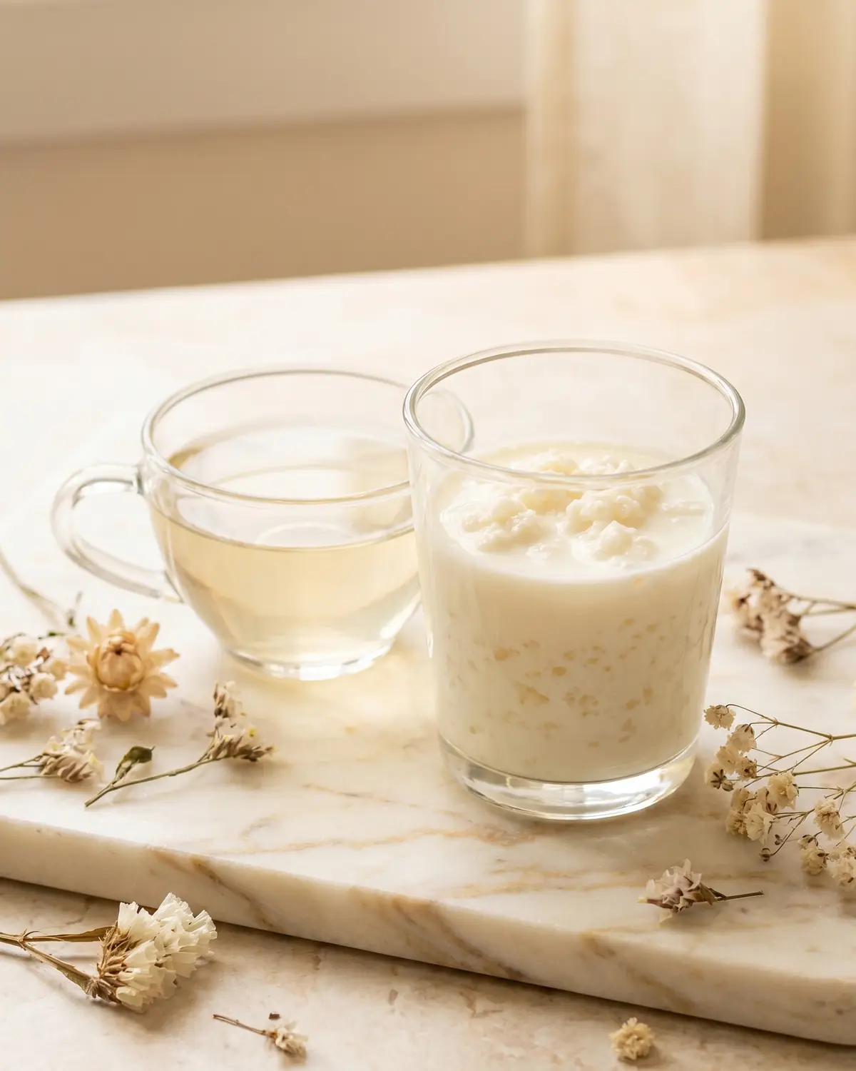 kefir darmbakterien Kleines Glas Milchkefir neben hellem Tee, Trockenblumen und marmorierter Oberfläche in ruhiger Szene.