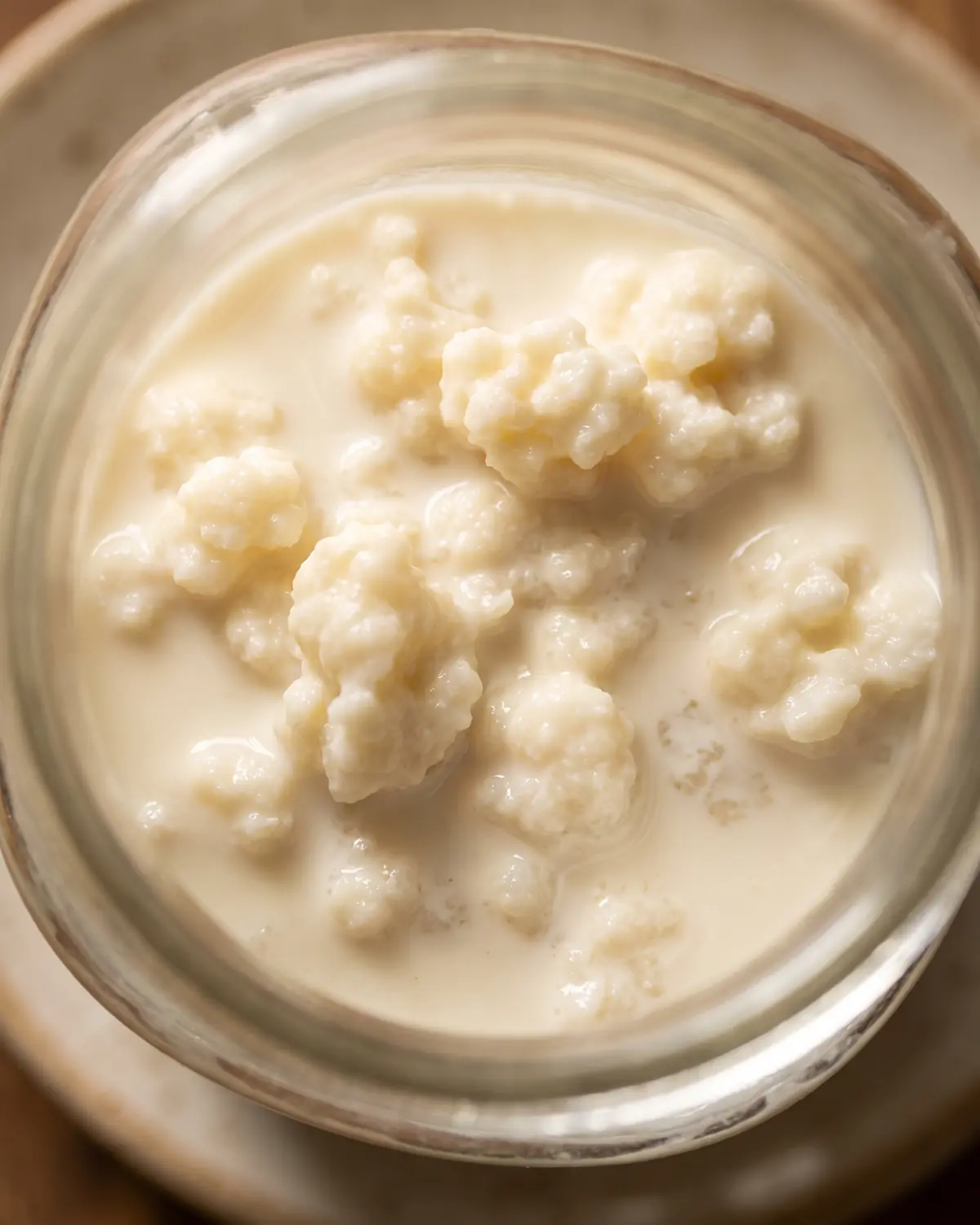 kefir hund durchfall Blick durch den Glasboden auf unregelmäßige Kefirknollen, die wie kleine Inseln in cremiger Milch liegen.