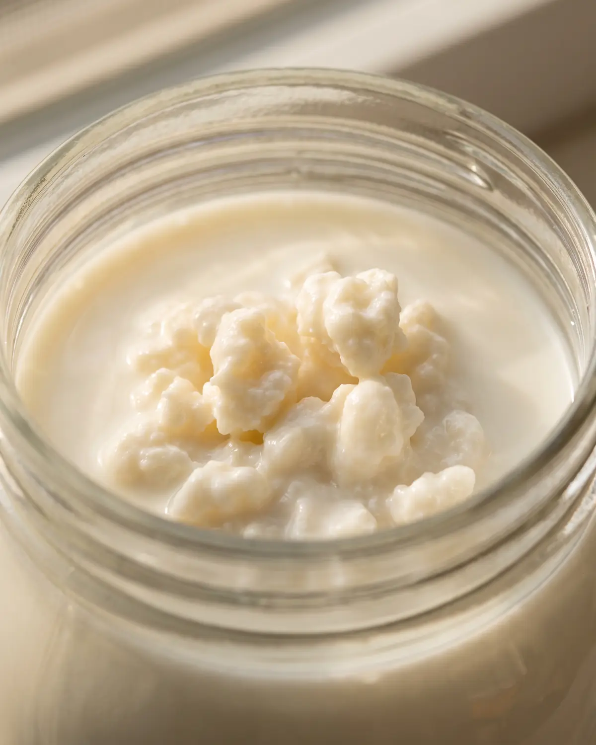 kefir prickelt Nahaufnahme eines Glasrands mit Milchkefirknollen knapp unter der ruhigen Milchoberfläche im Ansatz.