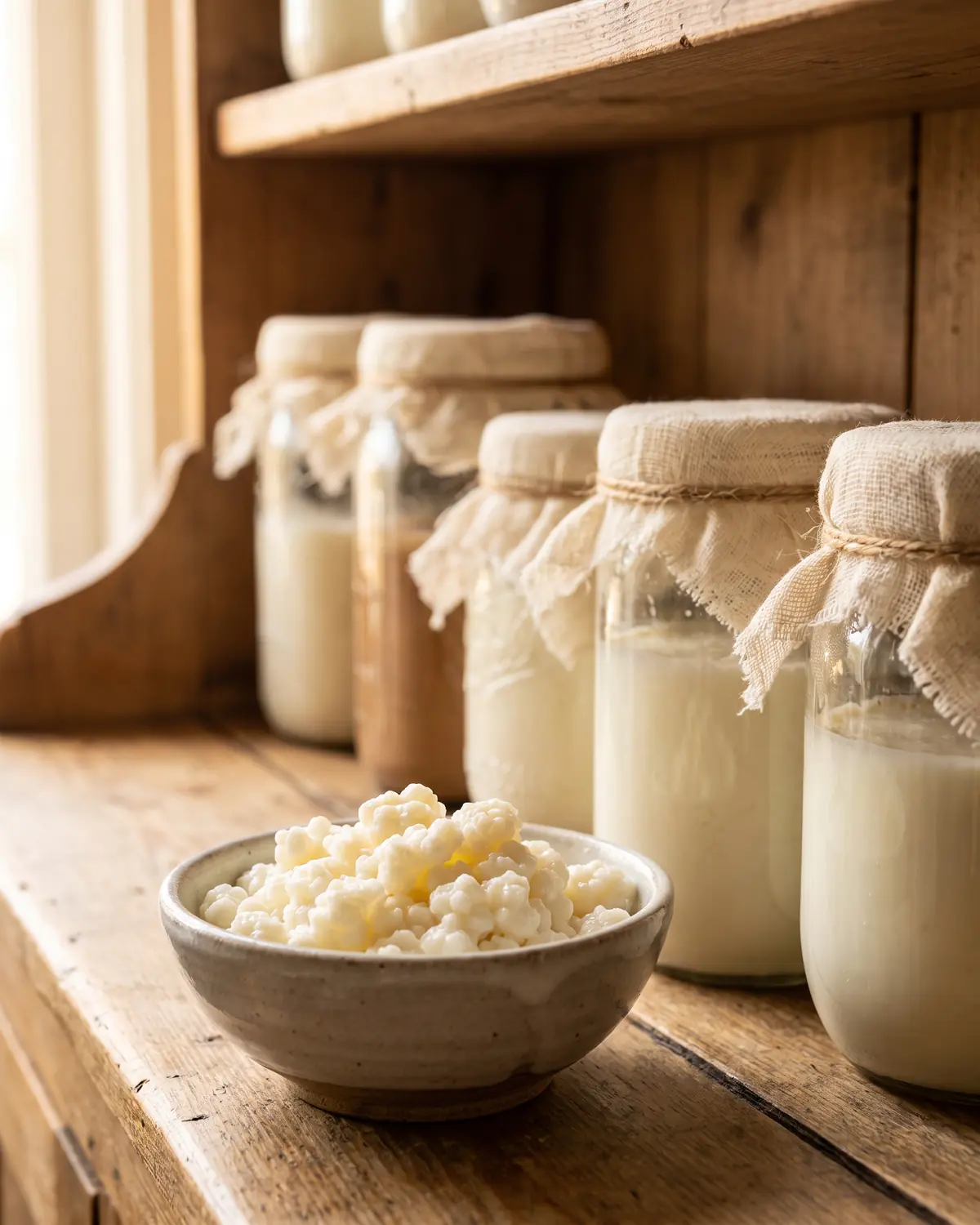 kefir leber Mehrere abgedeckte Gläser mit Milchkefir stehen im Regal, davor eine Schale mit Kefirknollen.