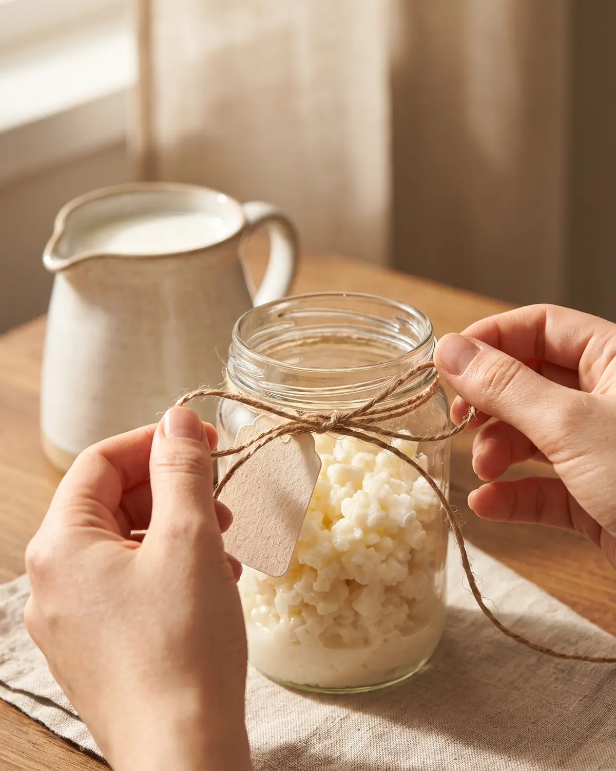 kefir halal Zwei Hände binden eine leere Etikette an ein Glas, dahinter steht helle Milch auf dem Tisch.