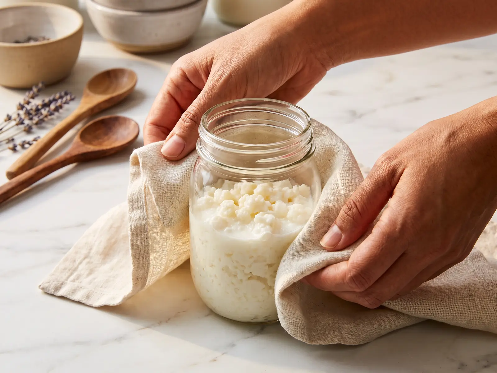 fermentierte speisen Zwei Hände falten Leinen um ein Glas Milchkefir auf weißem Marmor als hausgemachtes Geschenk.