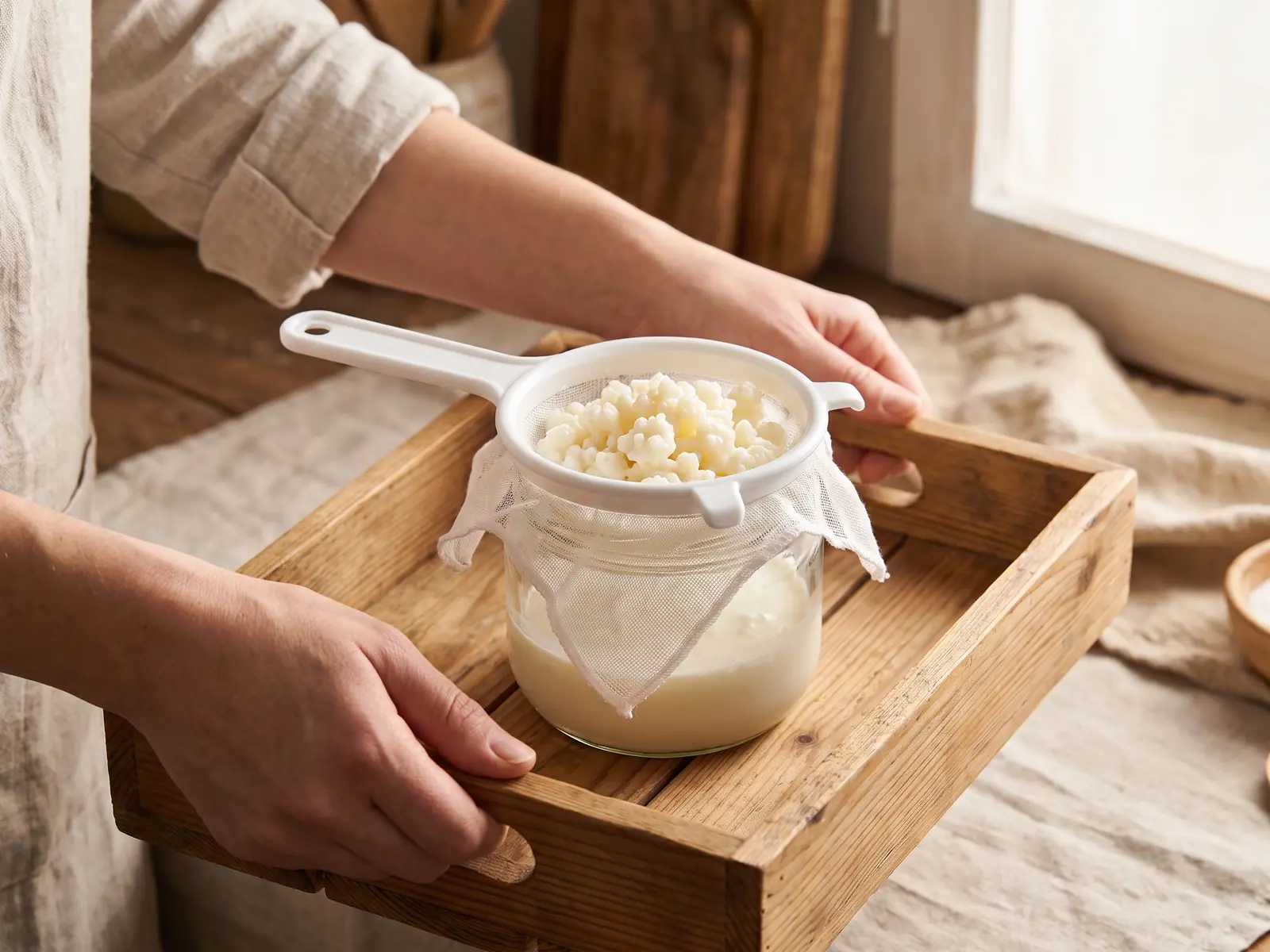 kefir käse Zwei Hände tragen ein Holztablett mit Glas, weißem Sieb und abgetropften Milchkefir-Knöllchen.