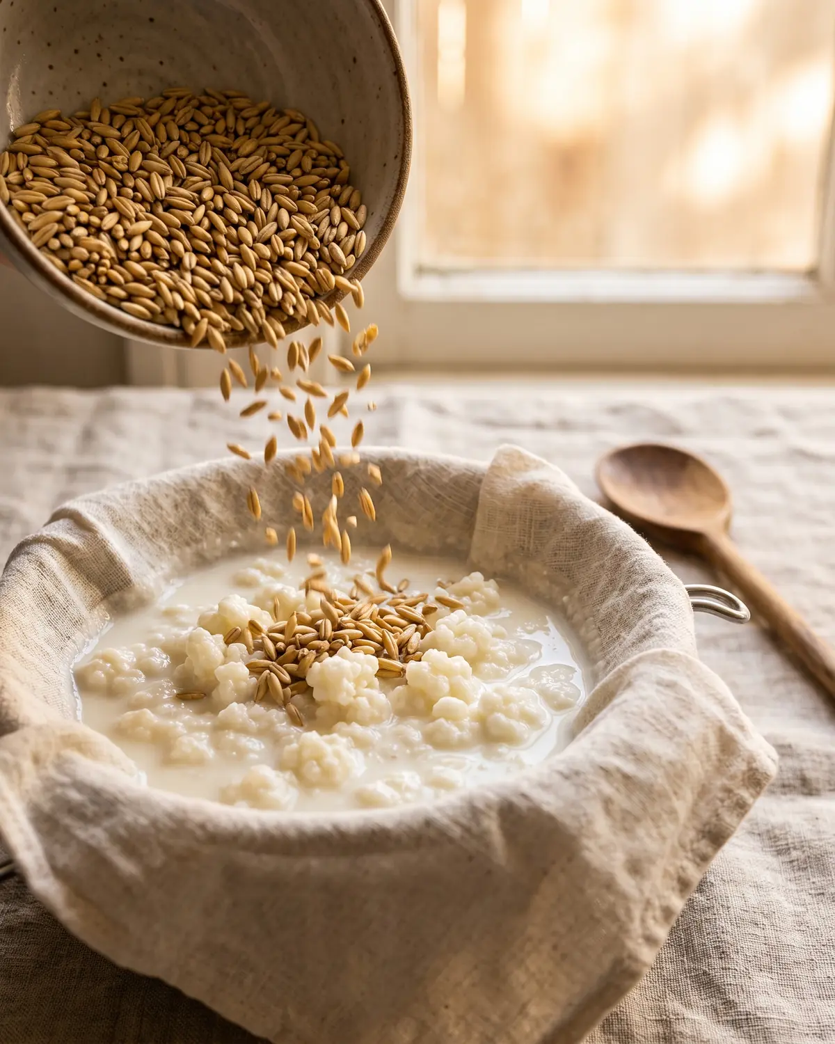 kefir käse Haferkörner fallen aus einer Keramikschale auf abgetropften Kefir neben Leinen und warmem Fensterlicht.
