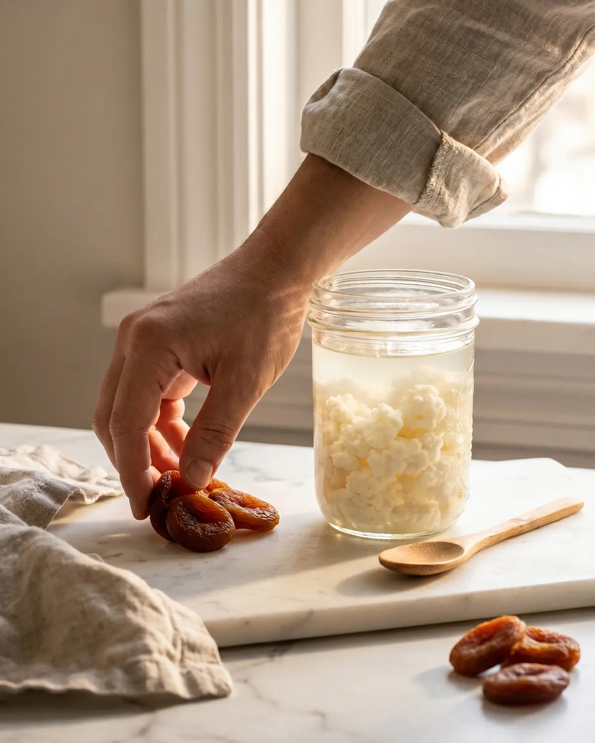 Eine Hand legt getrocknete Aprikosen neben ein Glas Milchkefir auf hellem Marmor ab