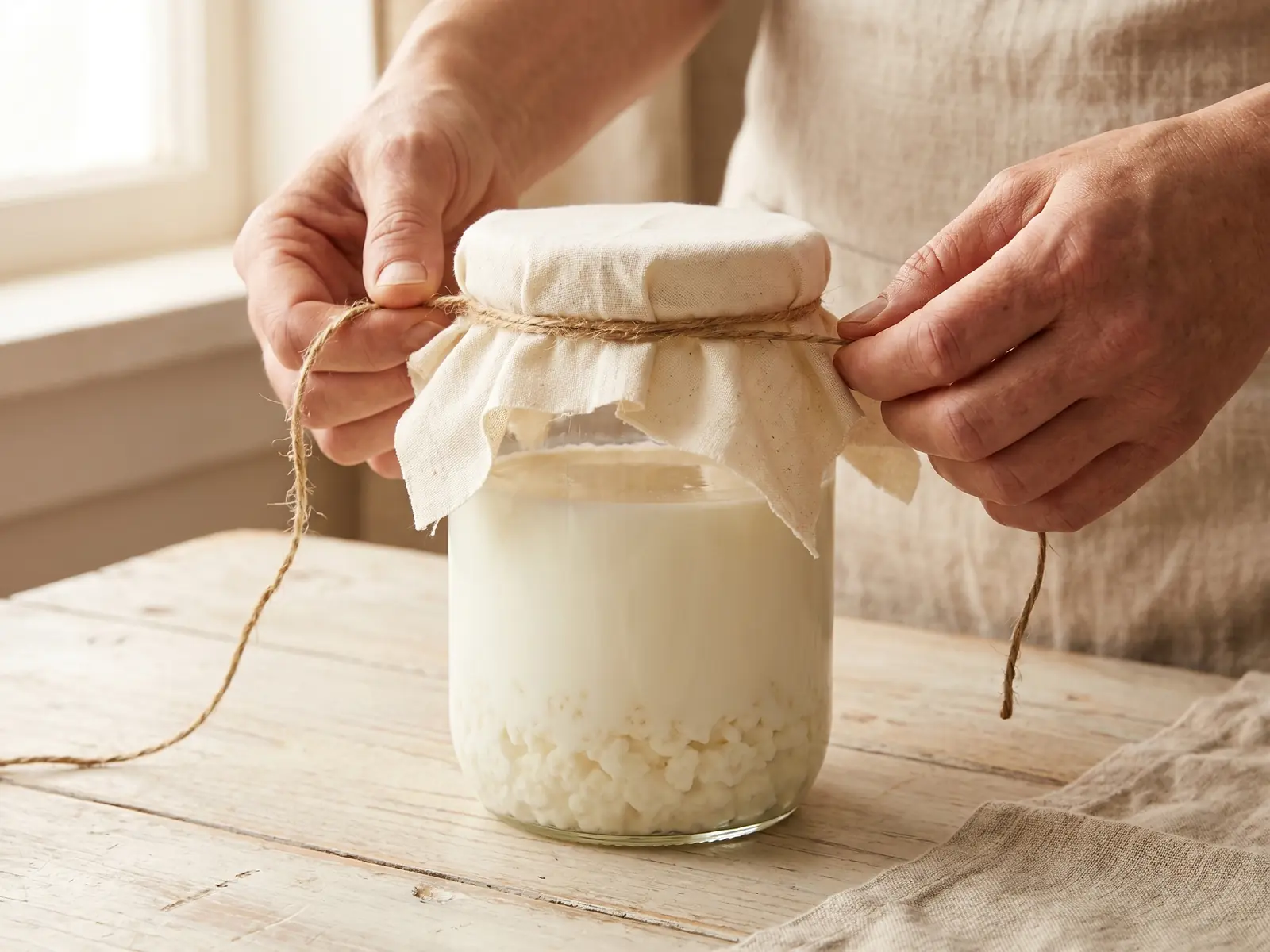 kefir selber machen Eine Hand bindet ein Baumwolltuch über ein Glas mit Milchkefir auf einer hellen Arbeitsfläche.