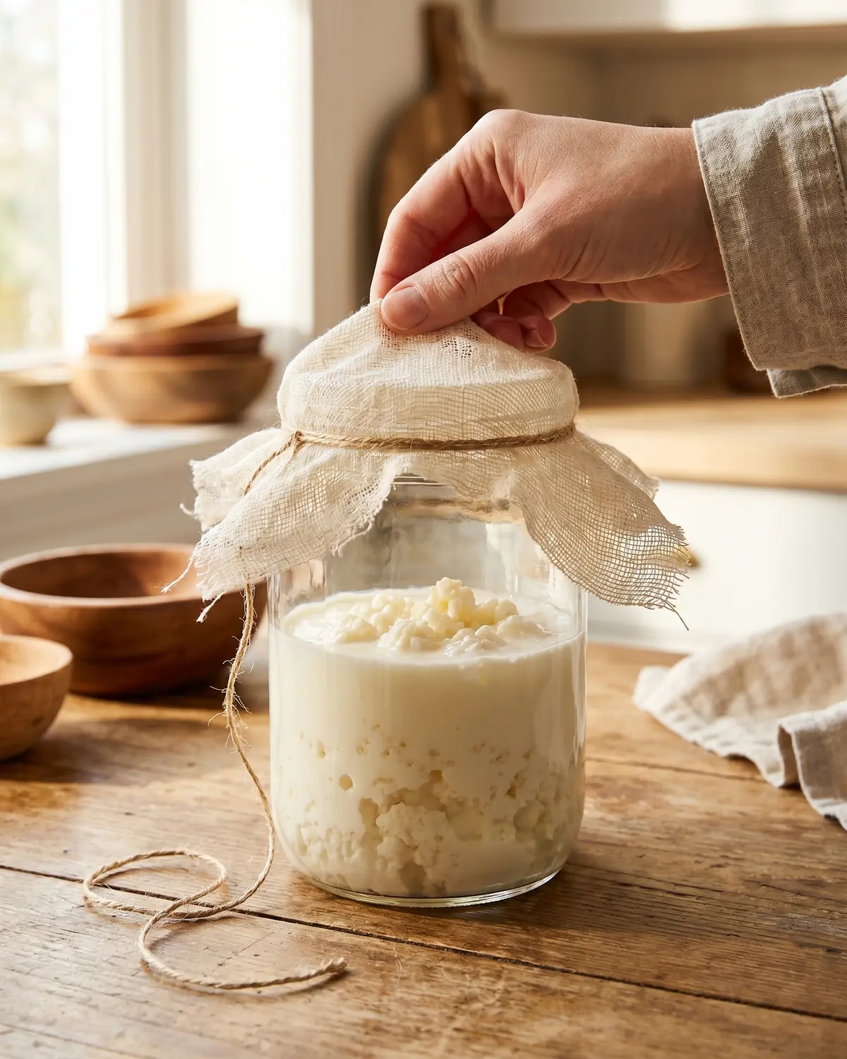 kefir eiweiß pro 100g Eine Hand nimmt das Tuch von einem Glas mit Milchkefir ab, daneben liegen Schnur und Morgenlicht.