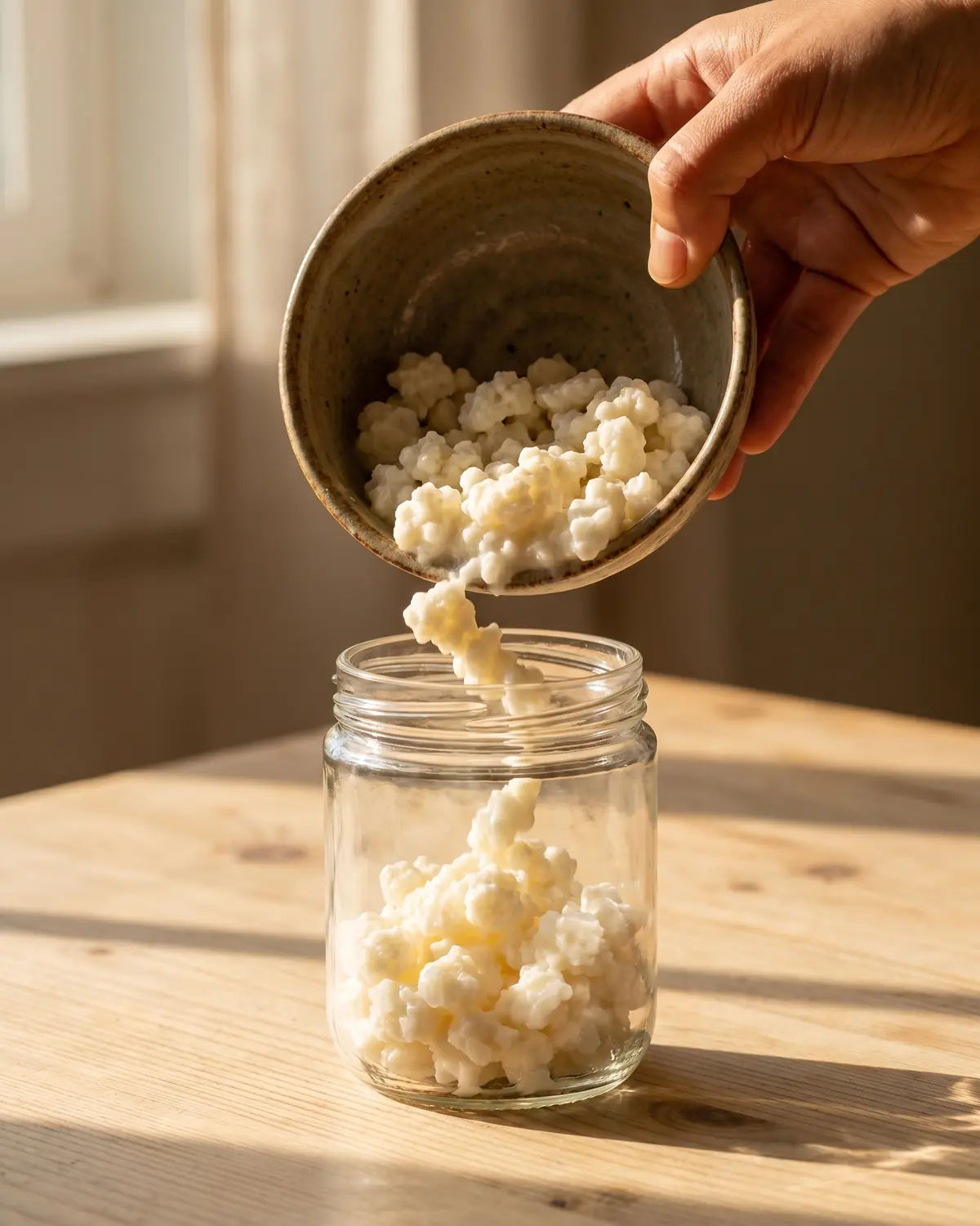 kefir während schwangerschaft Eine Hand kippt Kefirkörner aus einer Keramikschale in ein Glas auf hellem Holz.