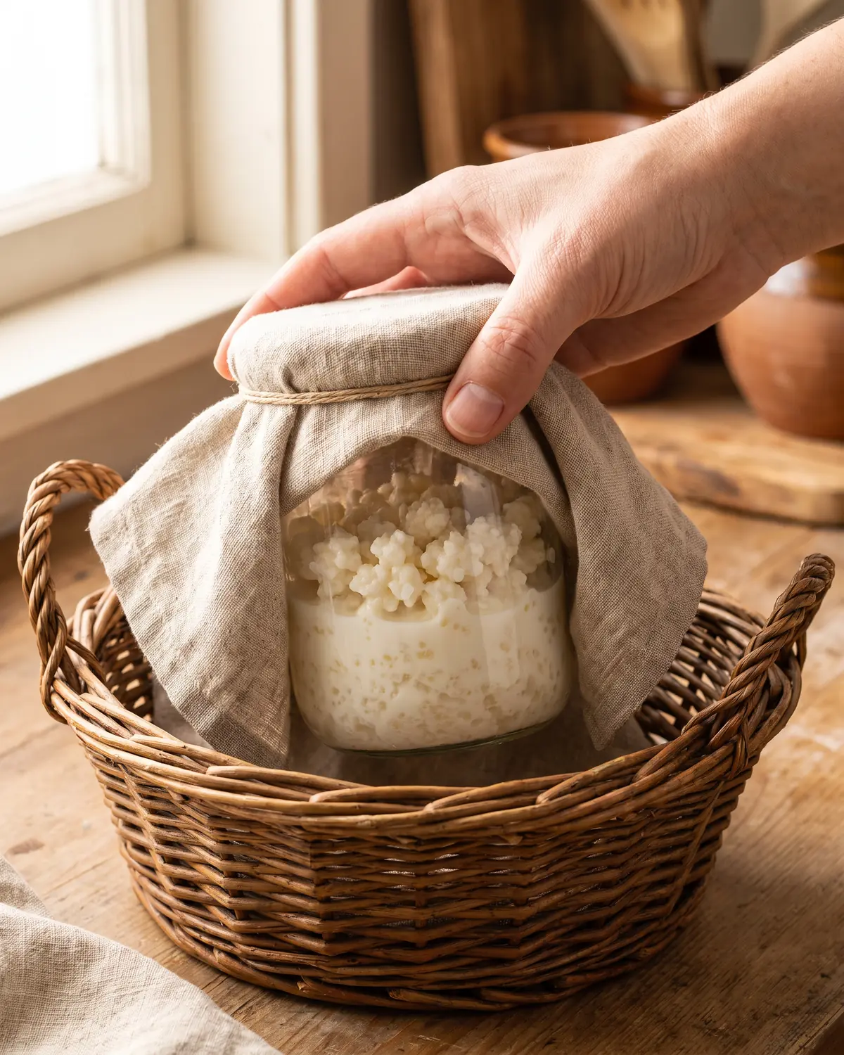 kefir wann am besten trinken Eine Hand hält ein in Leinen gewickeltes Kefirglas im Korb, durch das Glas sind Kefirknollen sichtbar.