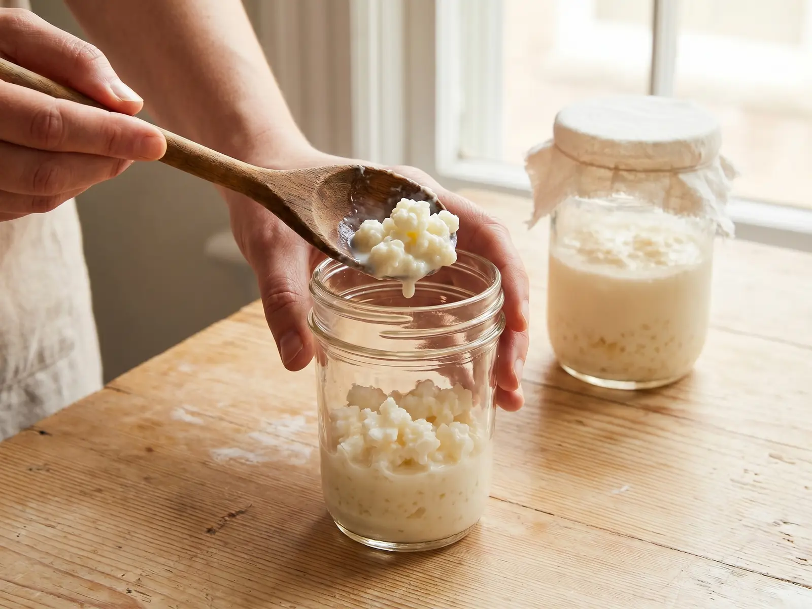 fettarmer kefir gesund Eine Hand gibt Milchkefir-Gränule mit einem Holzlöffel in ein Glas auf hellem Kiefernholz.