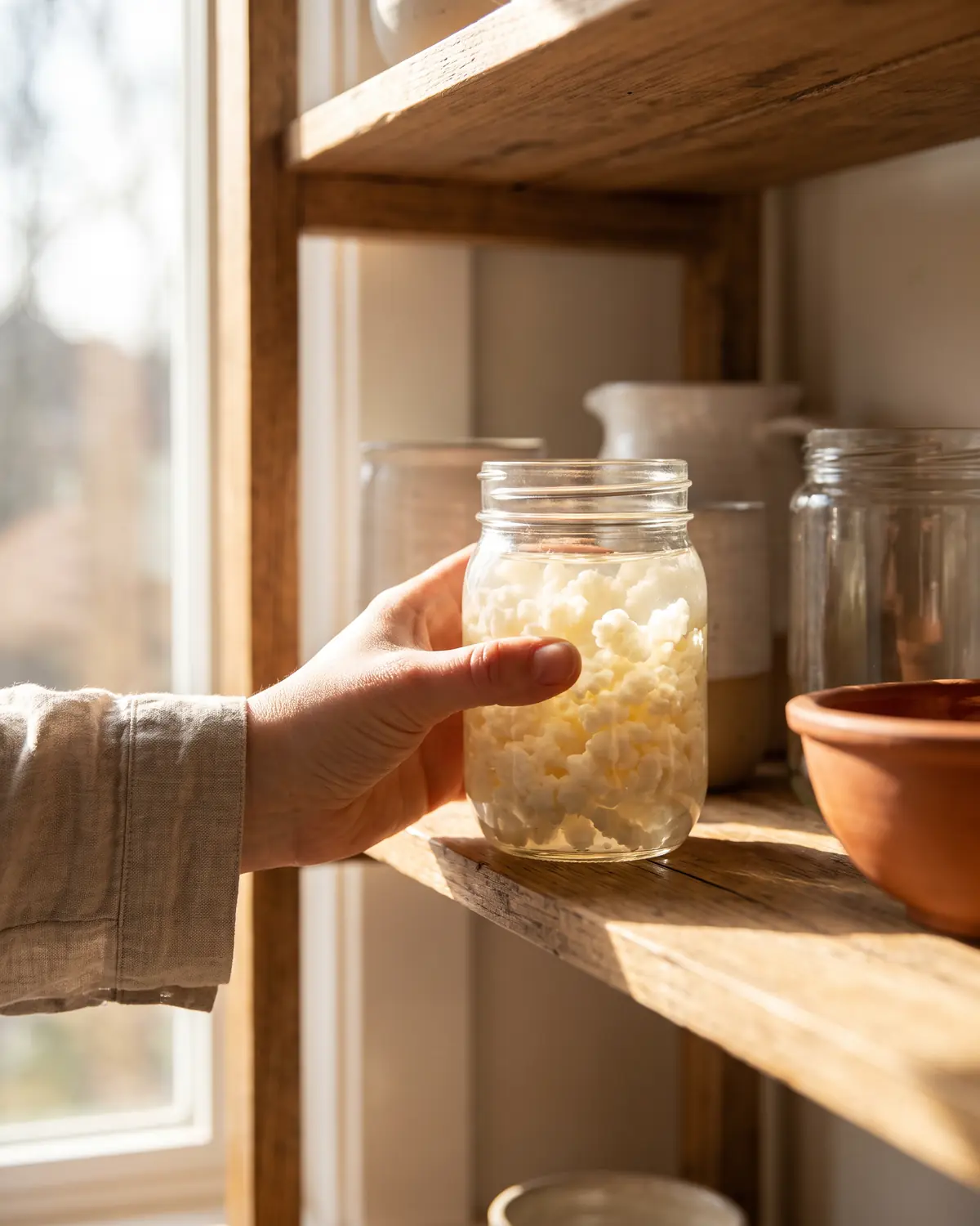 Eine Hand schiebt ein Glas Milchkefir ans sonnige Fensterbrett, seitlich beleuchtete K&ouml;rnchen schweben im Glas.