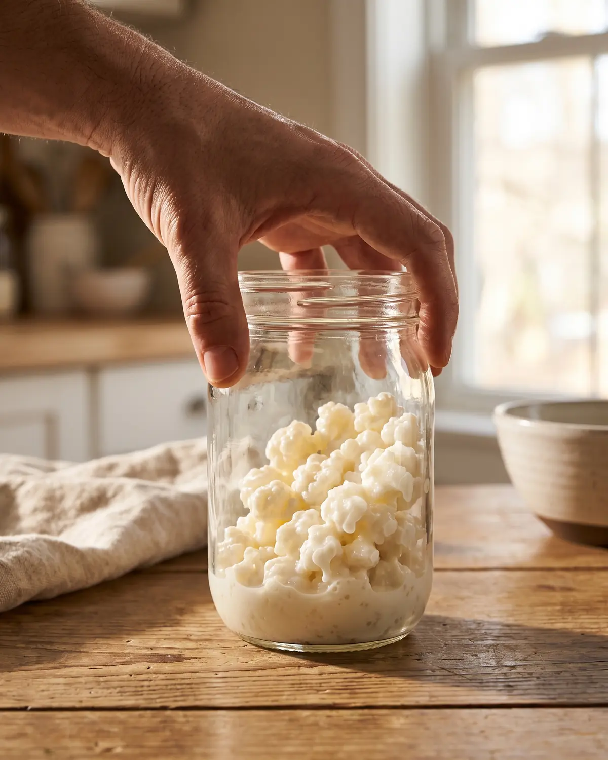 kefir wiki Eine Hand dreht ein Glas mit Milchkefir, während Kefirknollen durch cremige Milch am Glas entlangrollen.