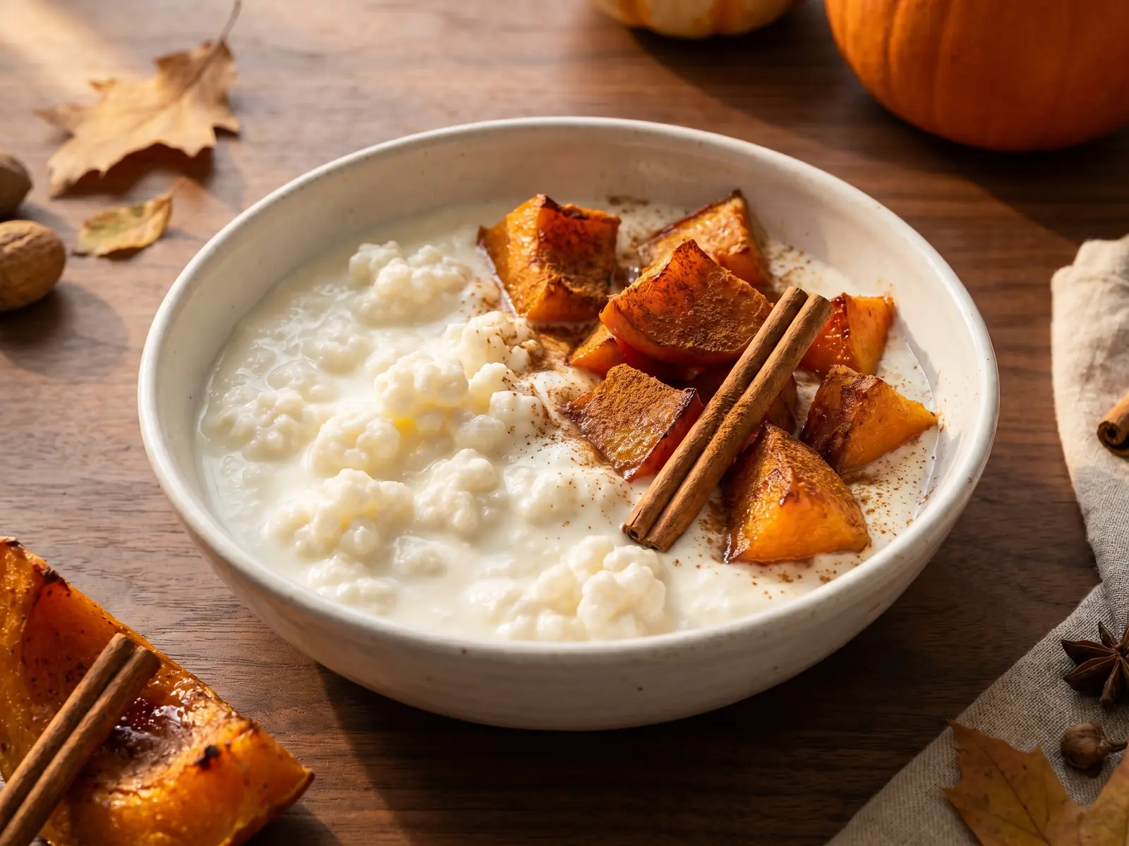 Milchkefir mit ger&ouml;stetem K&uuml;rbis und Zimt in einer wei&szlig;en Schale auf herbstlichem Walnussholz