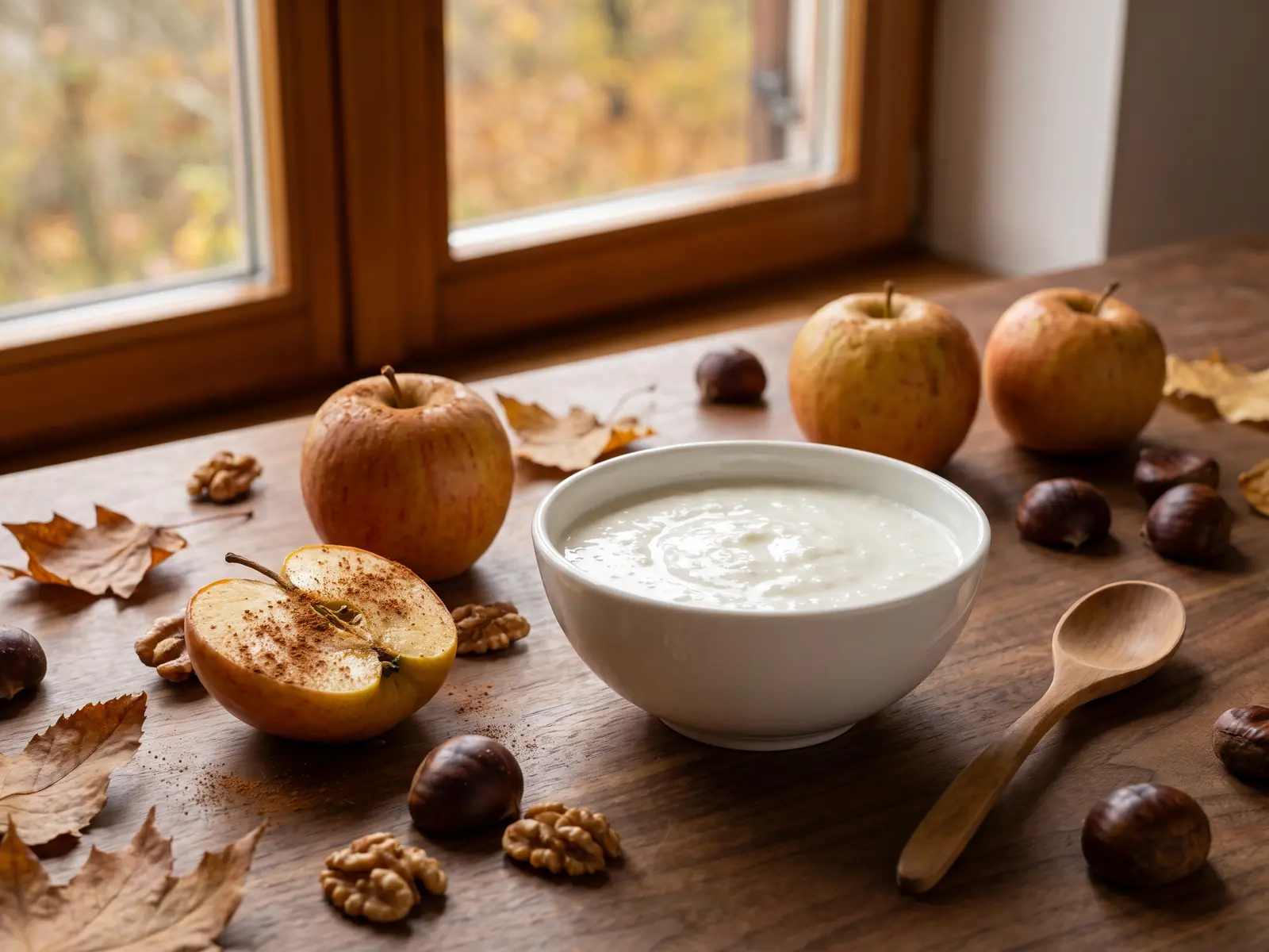 Herbstliches Stillleben mit Schale Milchkefir, Brat&auml;pfeln, Kastanien und warmem Fensterlicht.