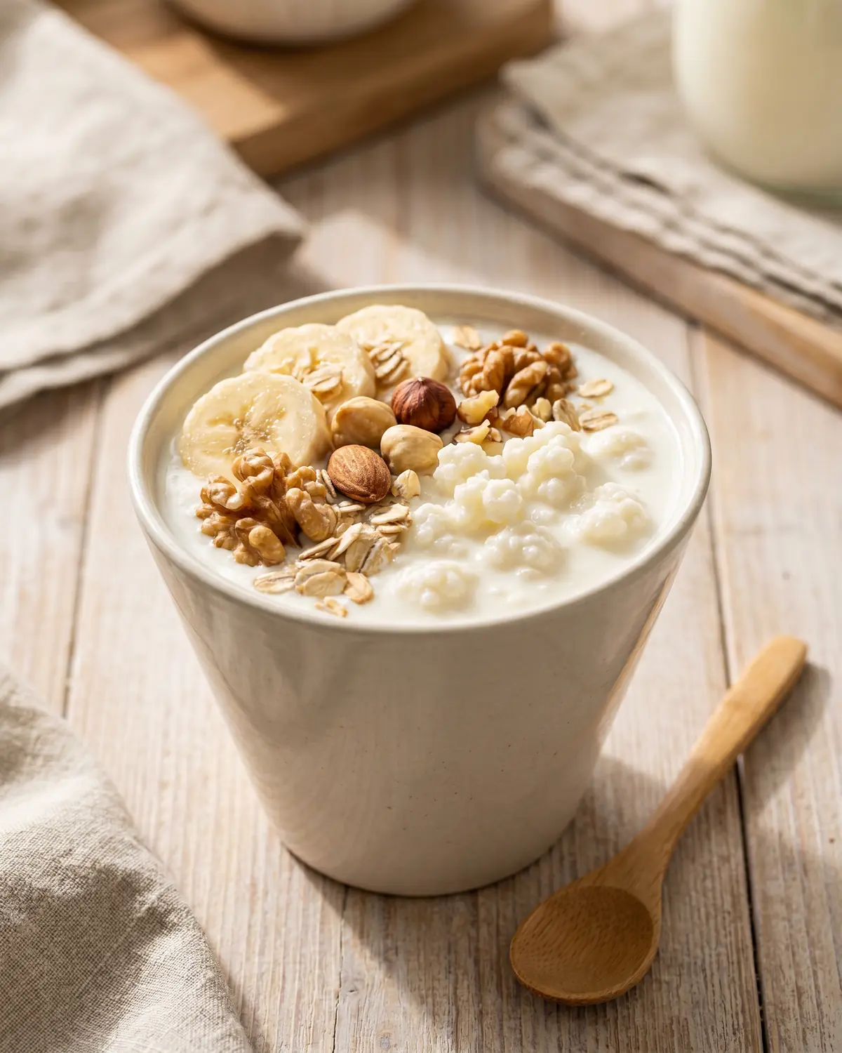 plombir kefir lidl Hohe Schale mit Milchkefir, Bananenscheiben, Walnüssen und Haferflocken in vertikaler Aufnahme.