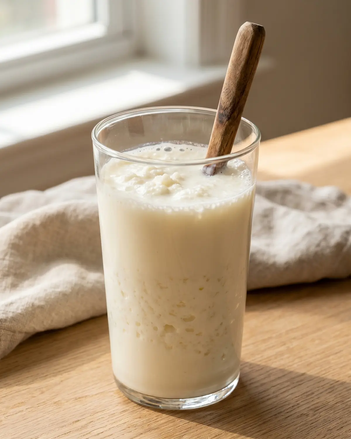 was ist kefir genau Hohes Glas mit cremigem fertigem Milchkefir und einem Löffel als schlichte Servierszene.