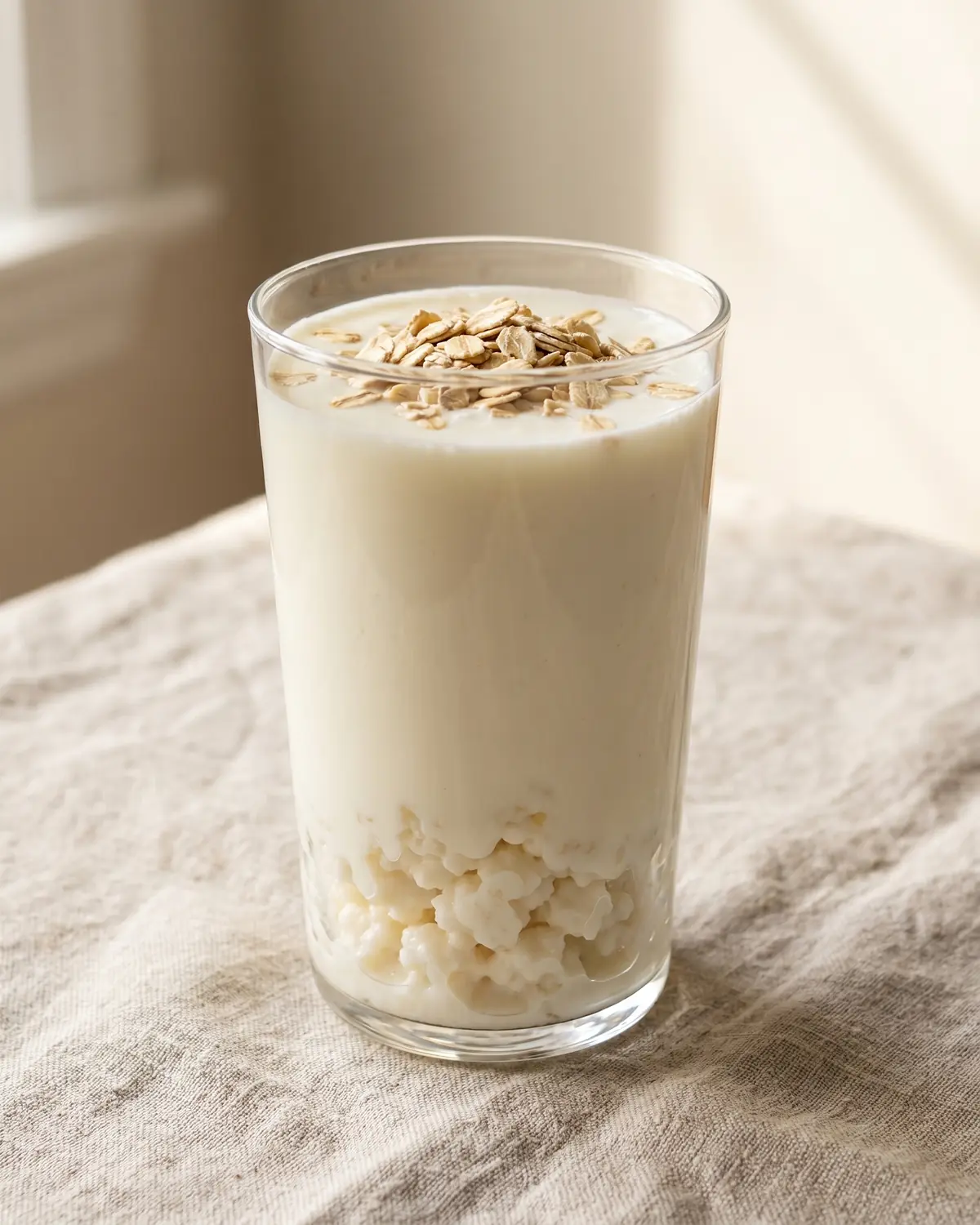 tibetische kefirpilze Hohes Glas mit Milchkefir und Haferflocken auf hellem Leinen, schlicht und sauber angerichtet.
