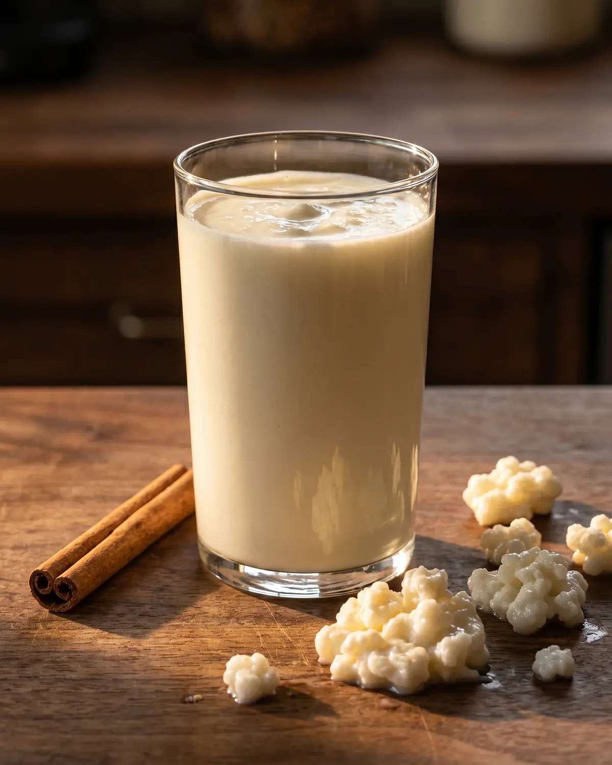 kefir histamin Hohes Glas mit fertigem Kefir neben Zimtstangen auf dunklem Holz in warmem, gedämpftem Licht.