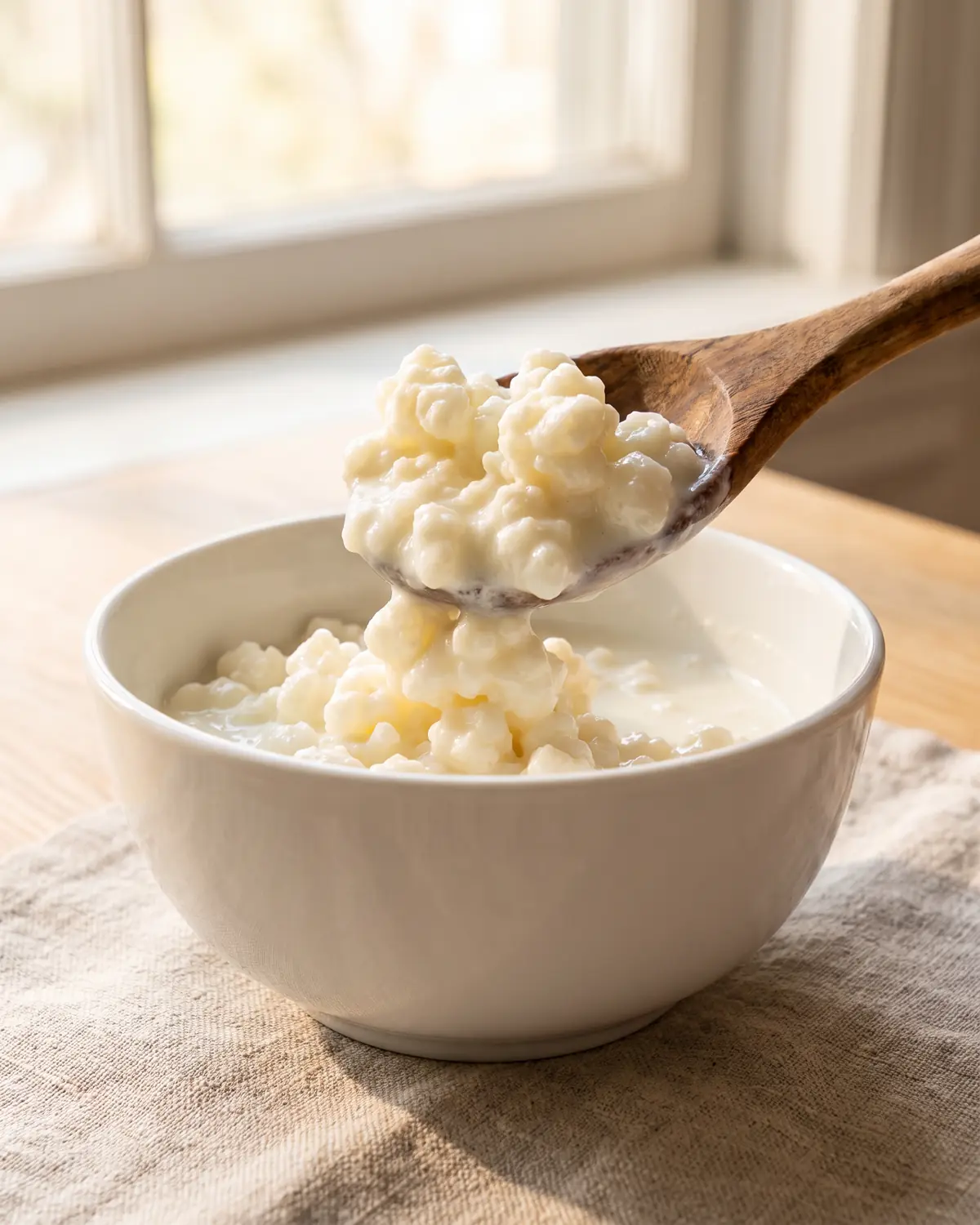 candida kefir Eine Holzlöffel hebt dichte Kefirkörner aus einer weißen Schale bei warmem Fensterlicht.