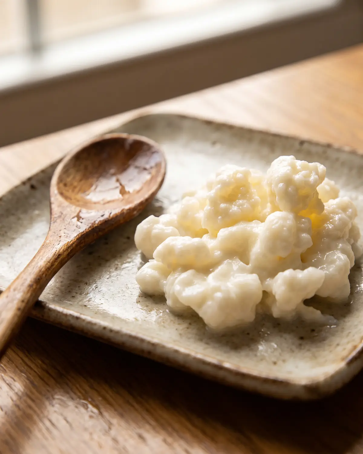 kefir mit laktosefreier milch Eine feuchte Holzlöffel liegt leer neben unscharfen Kefir-Knollen auf einem quadratischen Teller.