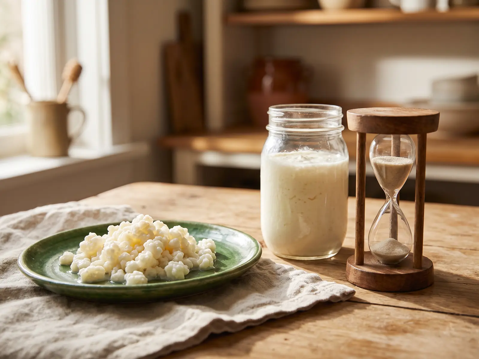 andechser kefir test Holzsanduhr neben einem Glas Milchkefir, Kefirkörnern auf grünem Teller und hellem Leinentuch.
