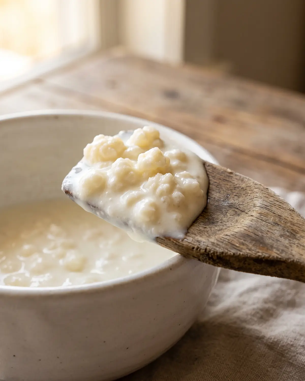 Holzspatel hebt dicken Milchkefir aus einer wei&szlig;en Schale und zeigt die cremige Konsistenz.