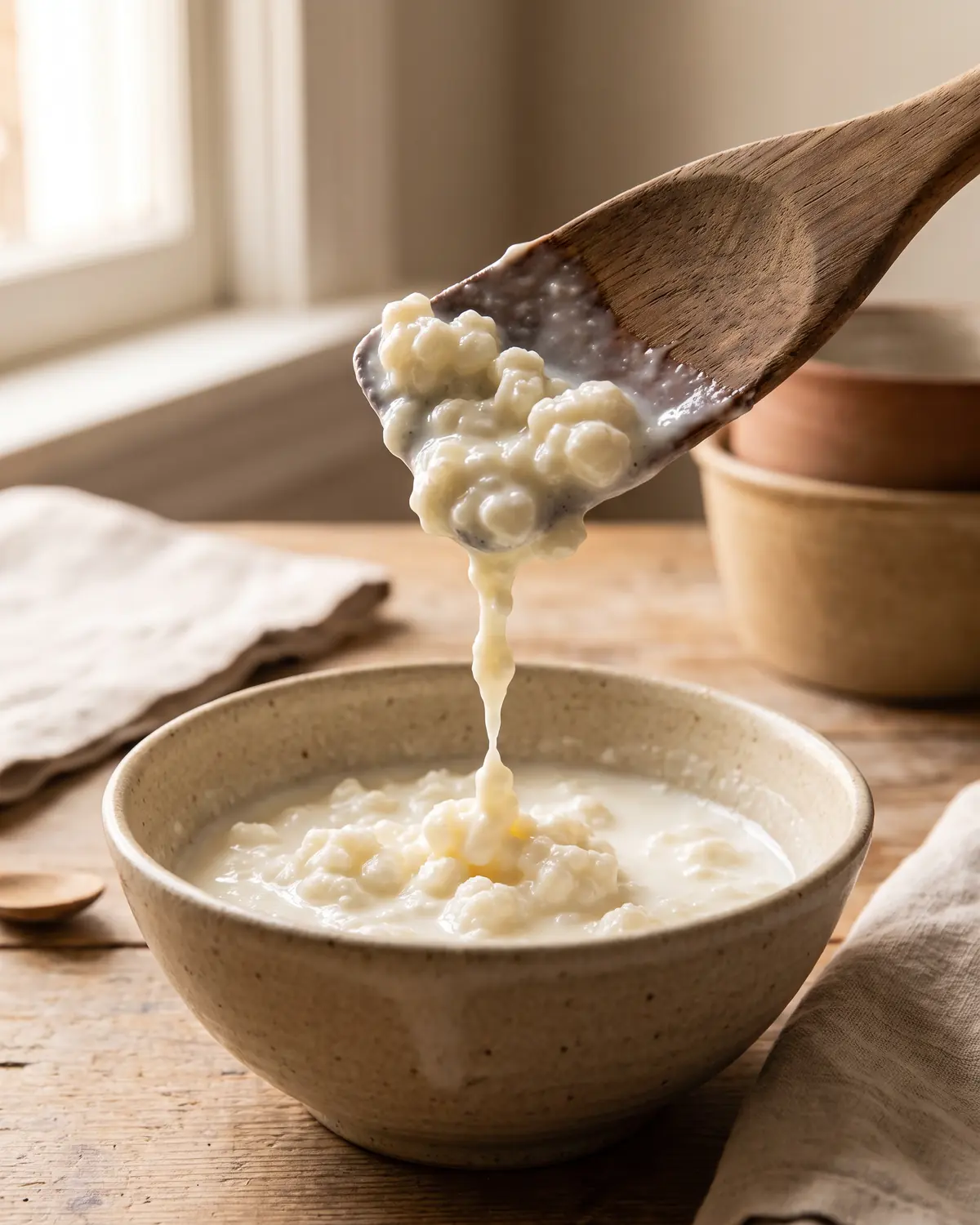 wieviel kefir pro tag ist gesund Dicker Milchkefir zieht sich in einem kurzen Faden von einem Holzspatel vor beiger Keramik.