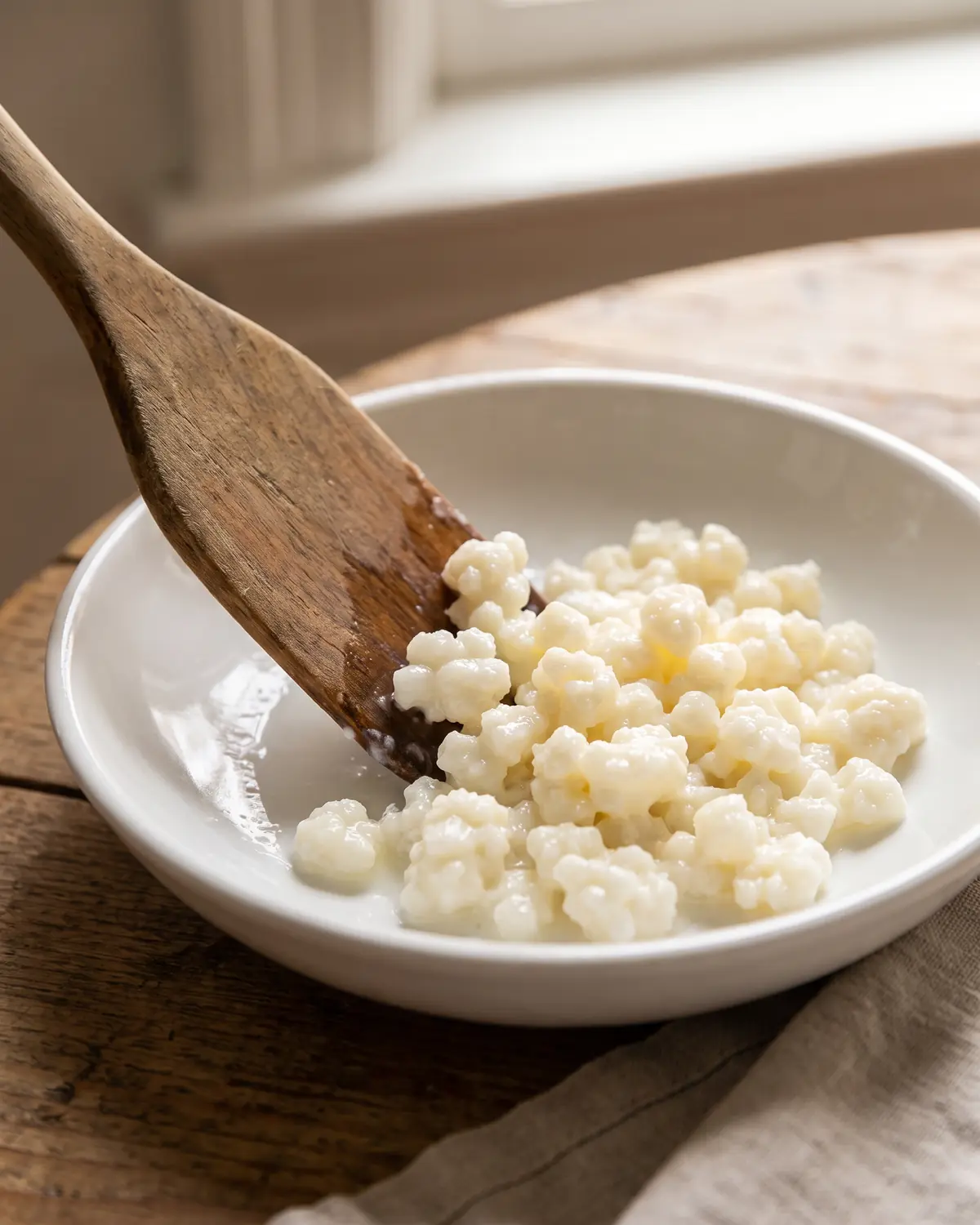 ayran oder kefir Holzspatel schiebt Milchkefirknollen in einer weißen Schale behutsam zur Mitte des Gefäßes.
