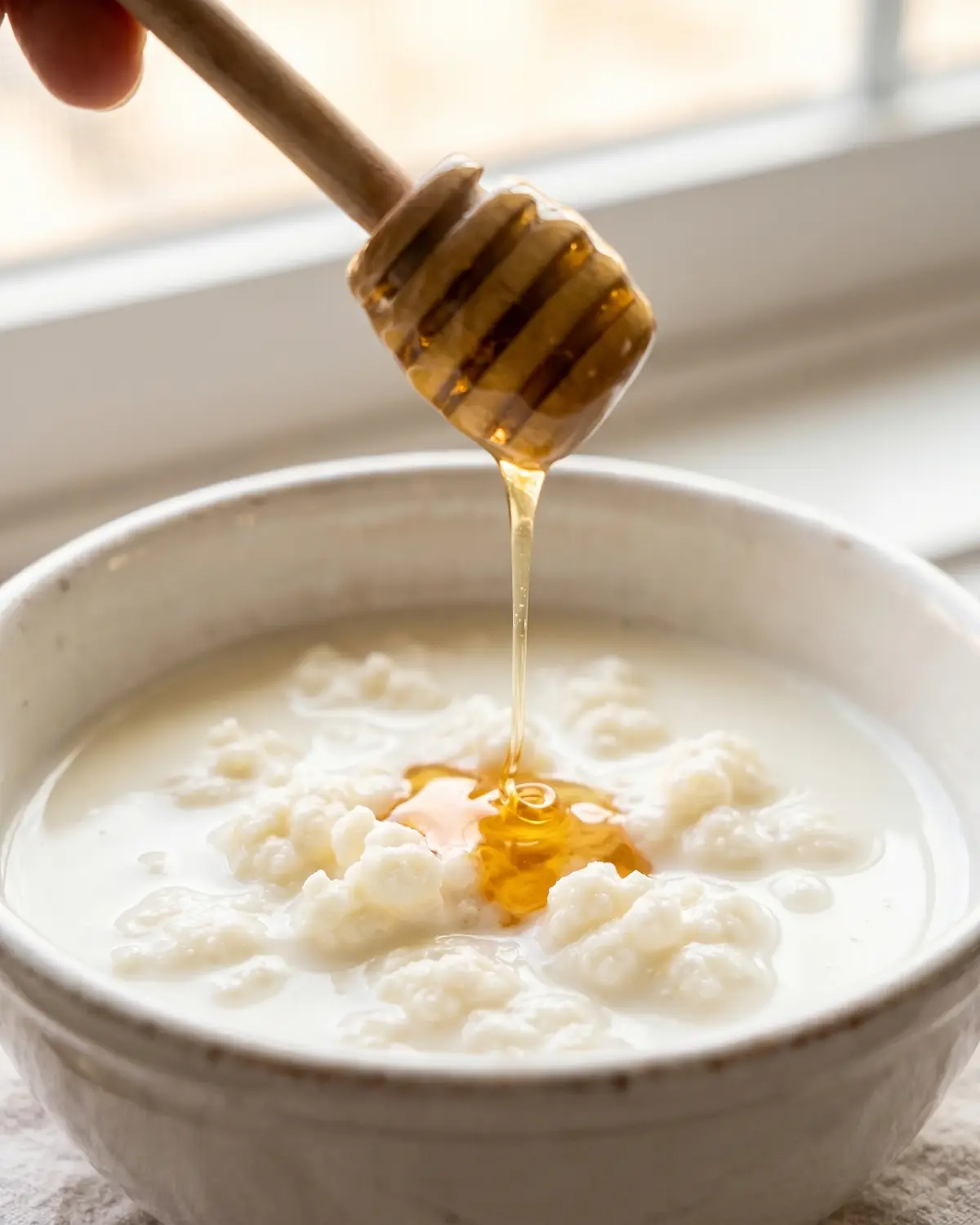 macht kefir fett Ein dünner Honigfaden fällt in eine weiße Schale mit Milchkefir, eine Hand ist am Rand zu sehen
