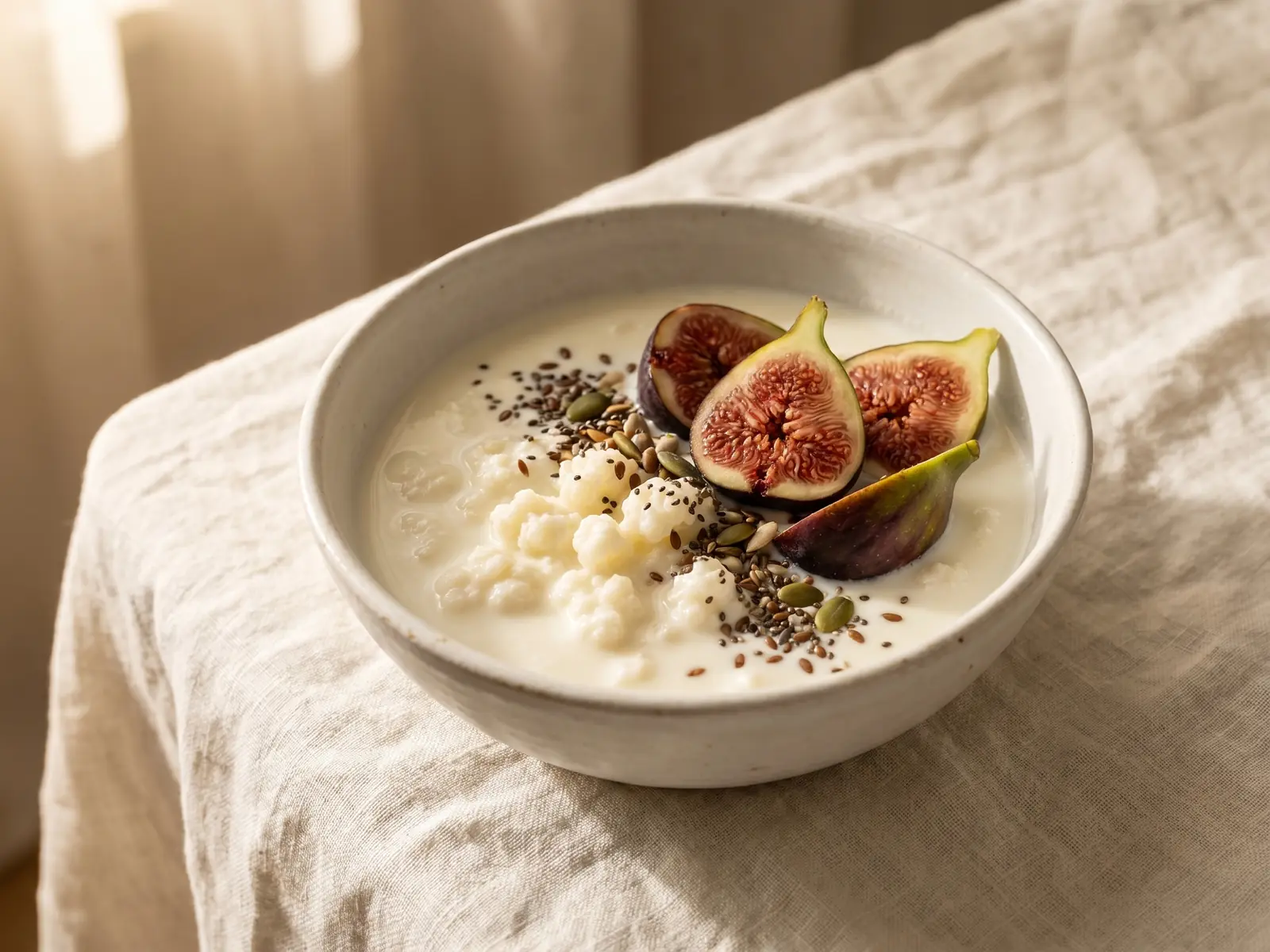wie lange ist kefir haltbar Milchkefir in einer weißen Schale mit frischen Feigen und Samen auf zerknittertem Leinen.