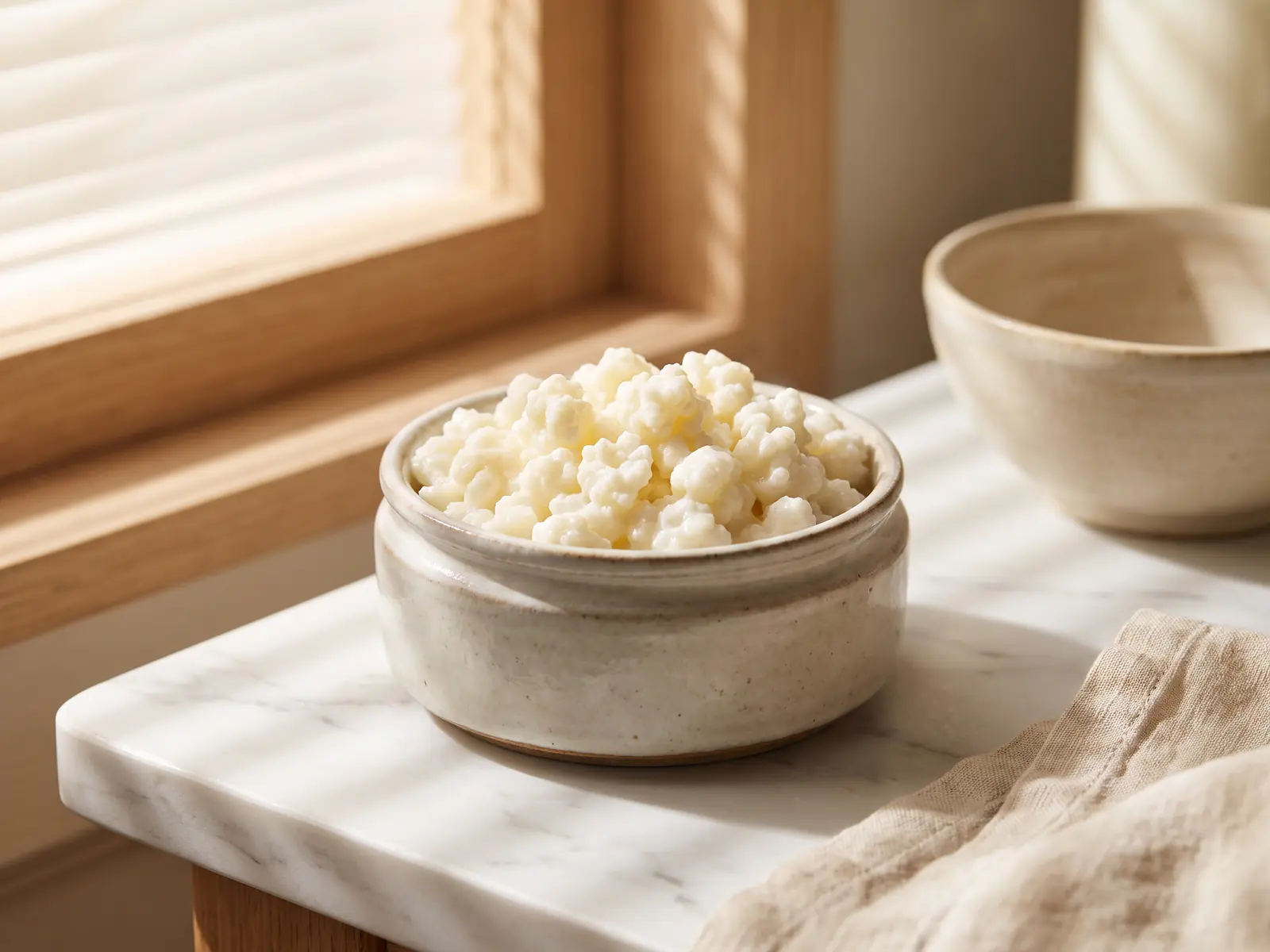 kefir haltbarkeit Milchkefir im Glas mit cremiger Textur auf weißem Marmor im Schatten von Jalousien.