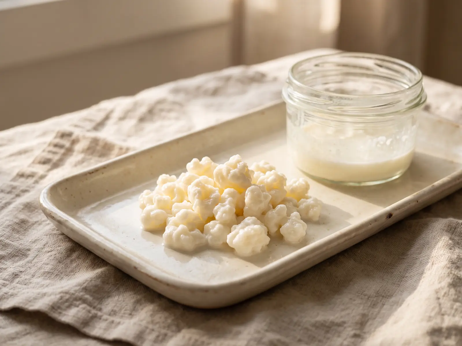 Milchkefir mit Kefirknollen auf einem Keramiktablett neben einem offenen Glas auf Leinen.