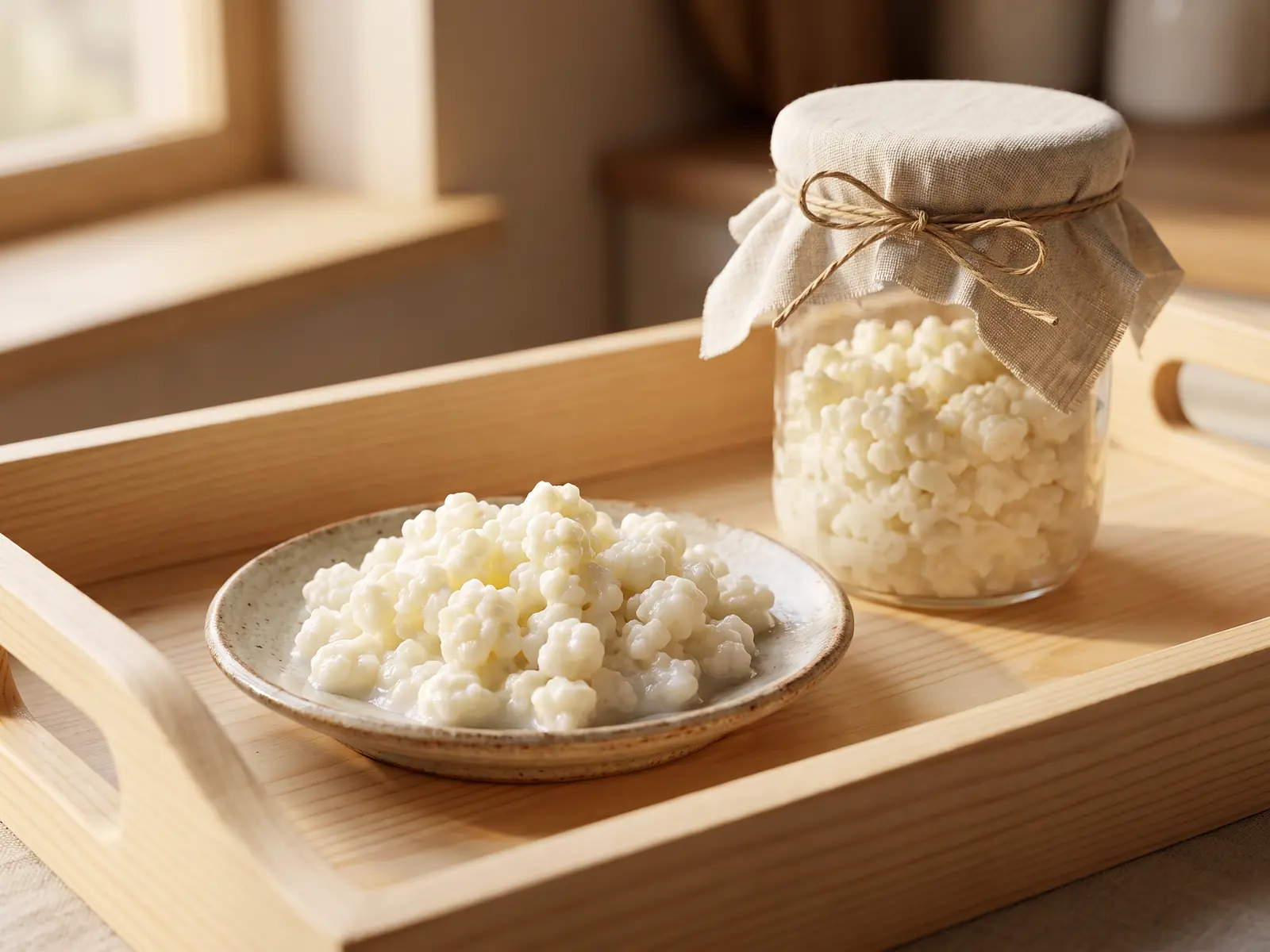 kefir hund giardien Helles Frühstückstablett mit abgedecktem Kefirglas und einem kleinen Teller mit cremeweißen Kefirknollen.