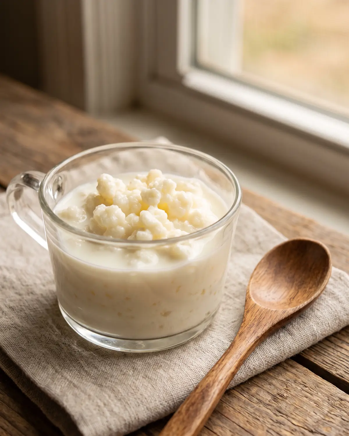 fermentiertes fleisch Kleines Glas mit Kefirknollen und frischer Milch, daneben liegt eine Holzlöffel auf der Arbeitsfläche