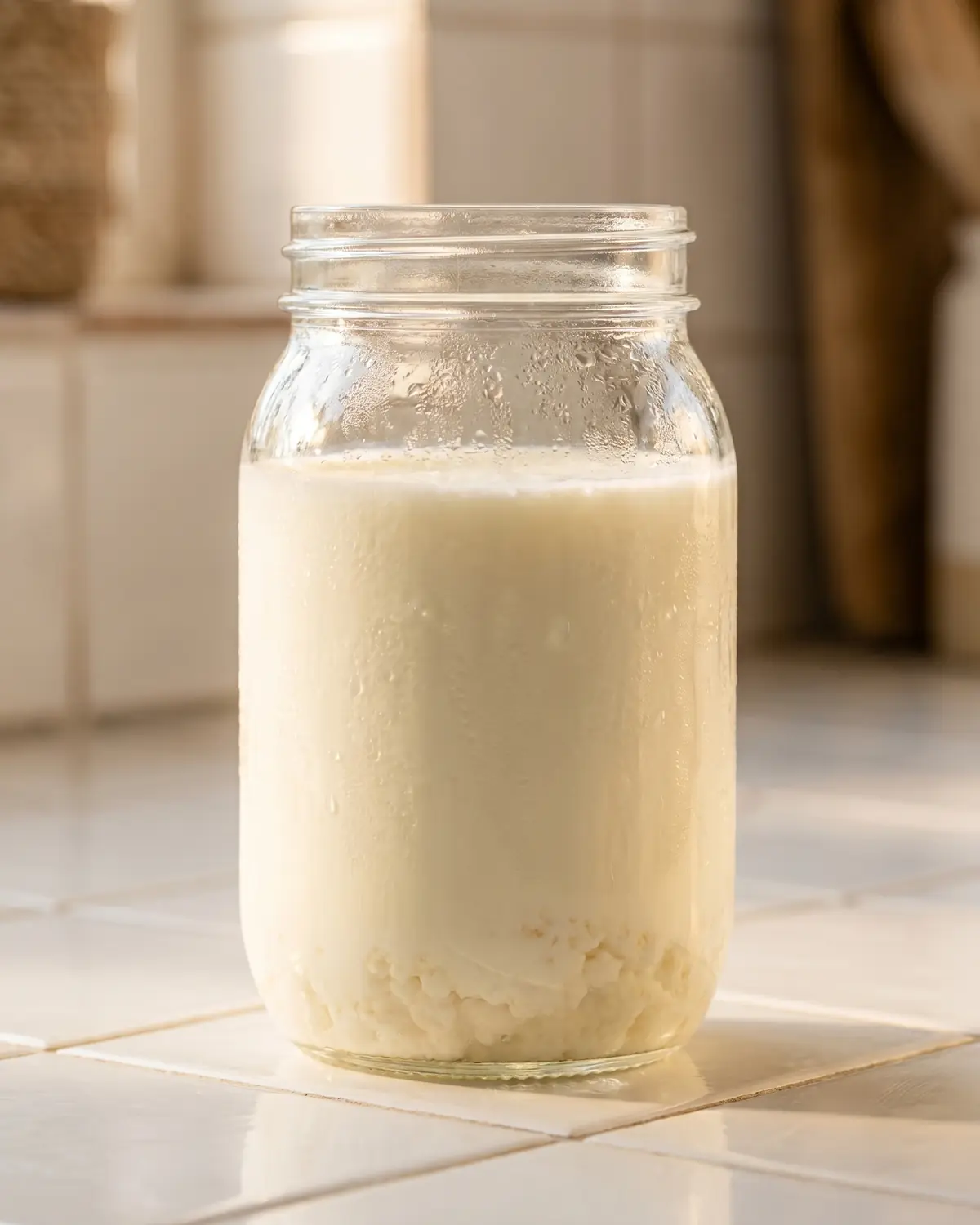 Ein Glas Milchkefir steht auf wei&szlig;en Fliesen mit sanfter Kondensation und warmem Fensterlicht.