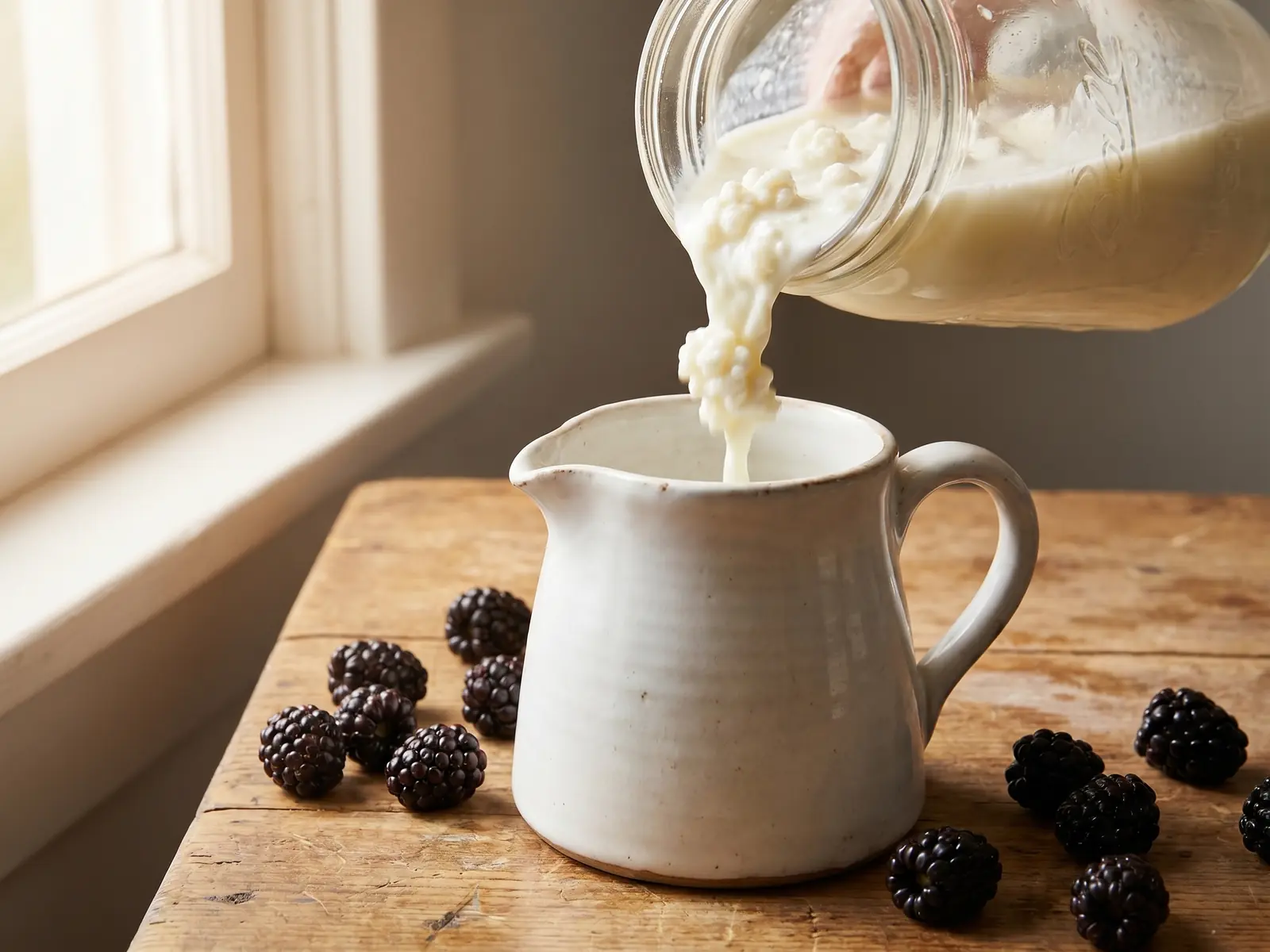 milchkefir selber machen Milchkefir in einer weißen Keramikkanne mit frischen Brombeeren und weichem Licht am Fenster.