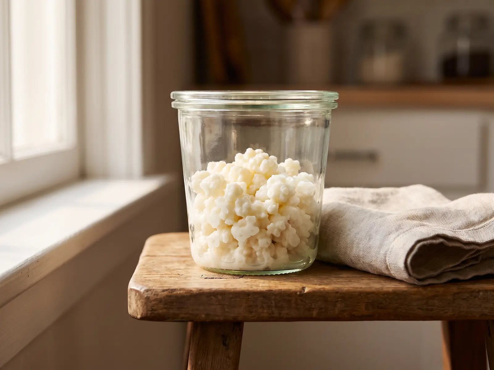 müller kefir testberichte Glas mit fermentierendem Milchkefir auf einem Küchenhocker am Fenster, daneben gefaltetes Leinentuch.