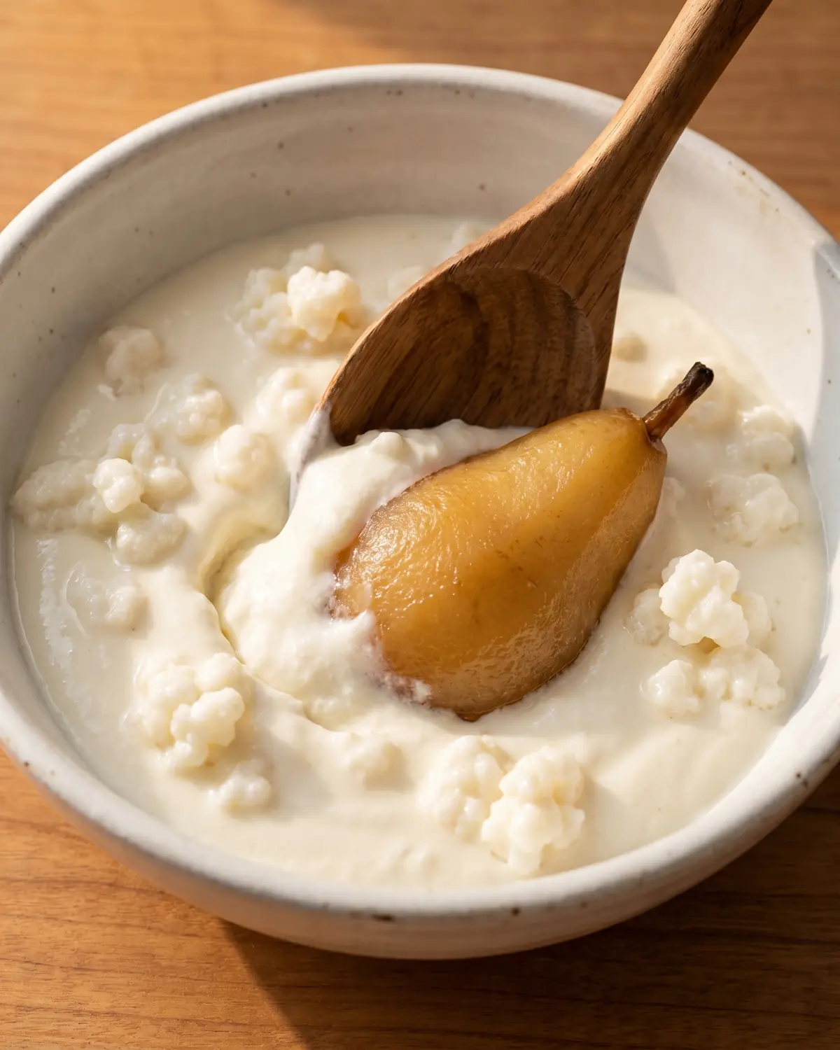Holzl&ouml;ffel zieht eine langsame Spur durch cremigen Milchkefir mit gegarter Birne in wei&szlig;er Schale.