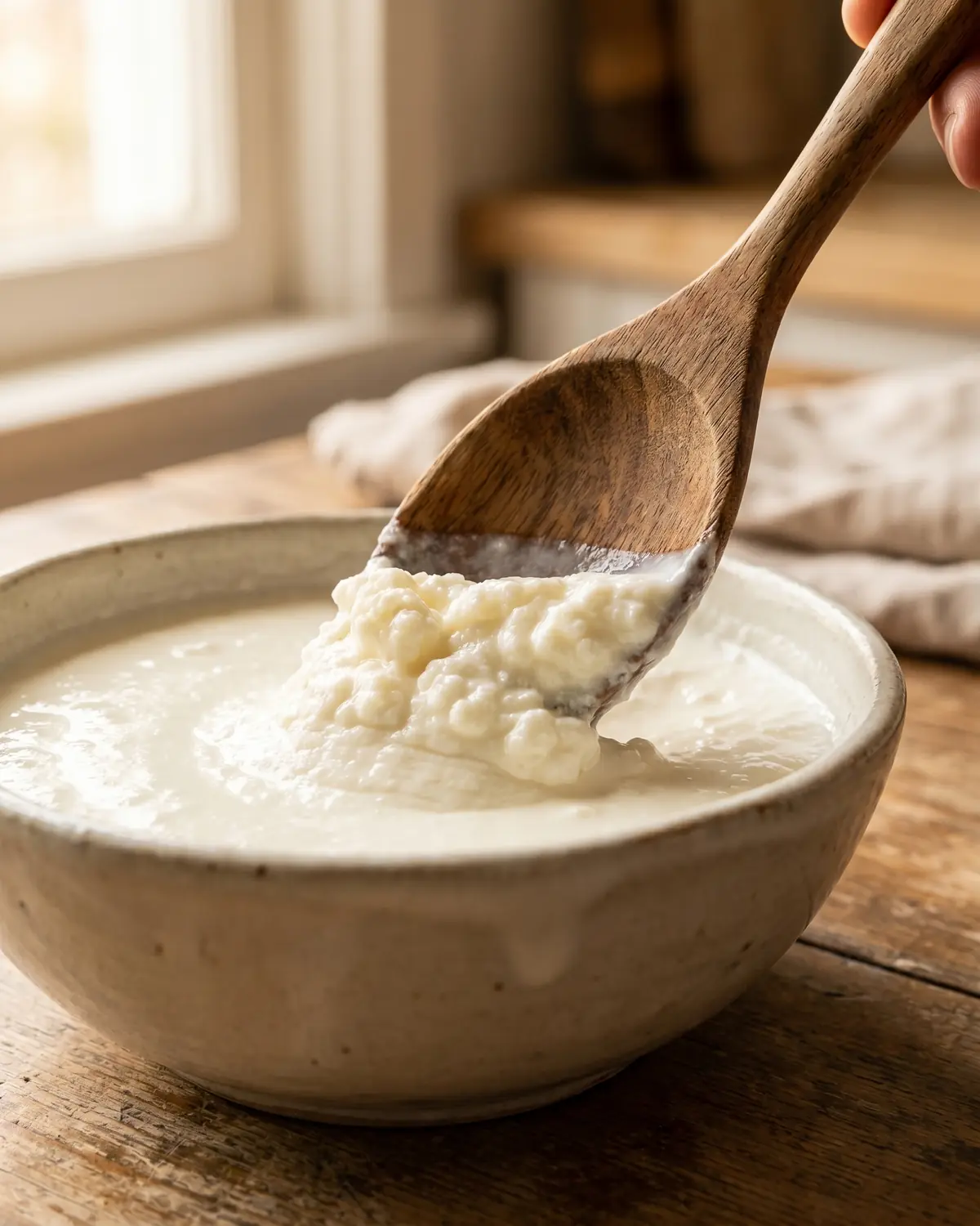 ayran kefir Holzlöffel zieht cremigen Milchkefir im Schälchen auf und zeigt die feste, glatte Textur.
