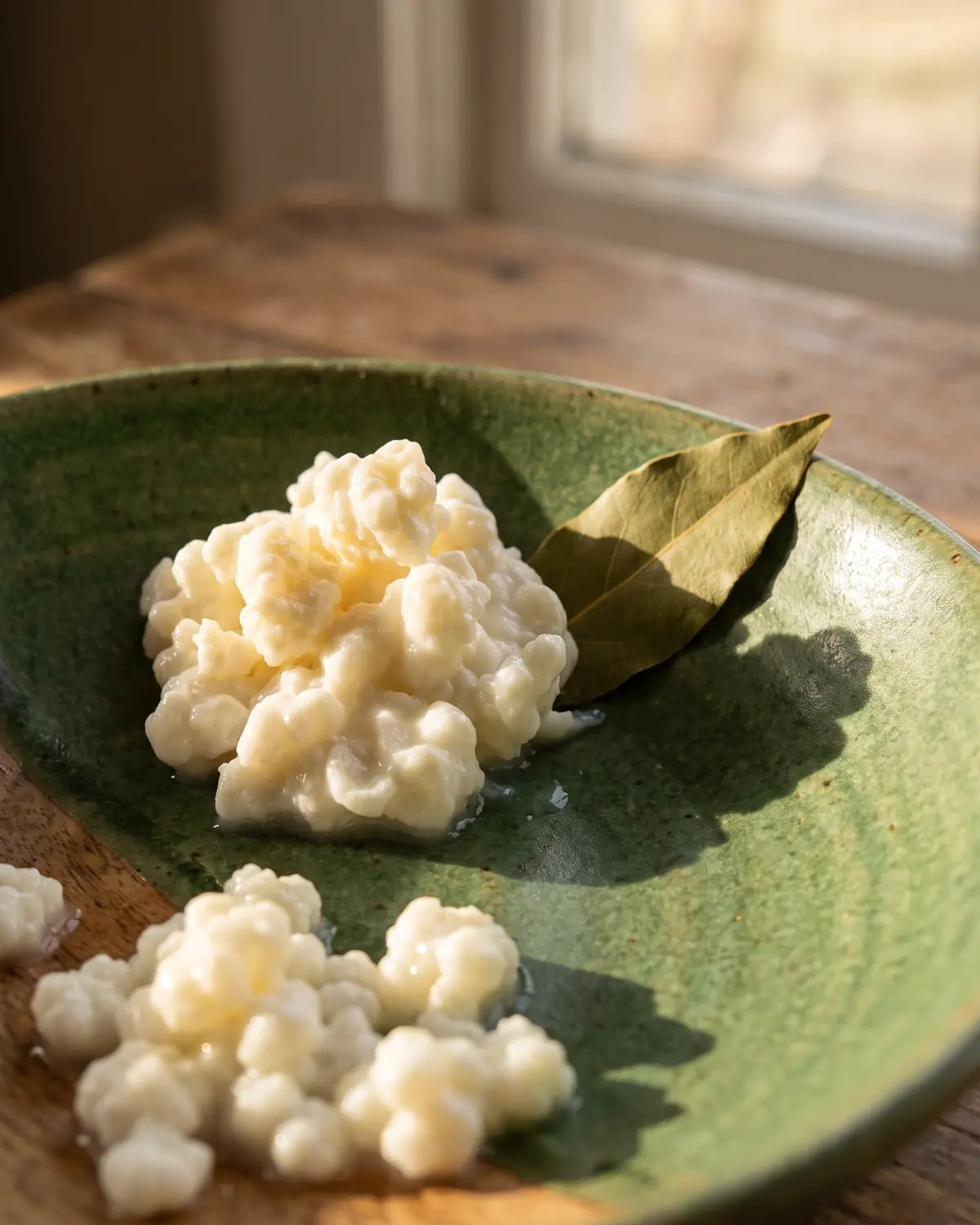fermentierte kokosmilch Feuchte Kefirkörner liegen in einer grünen Schale, während ein Lorbeerblatt Schatten wirft.