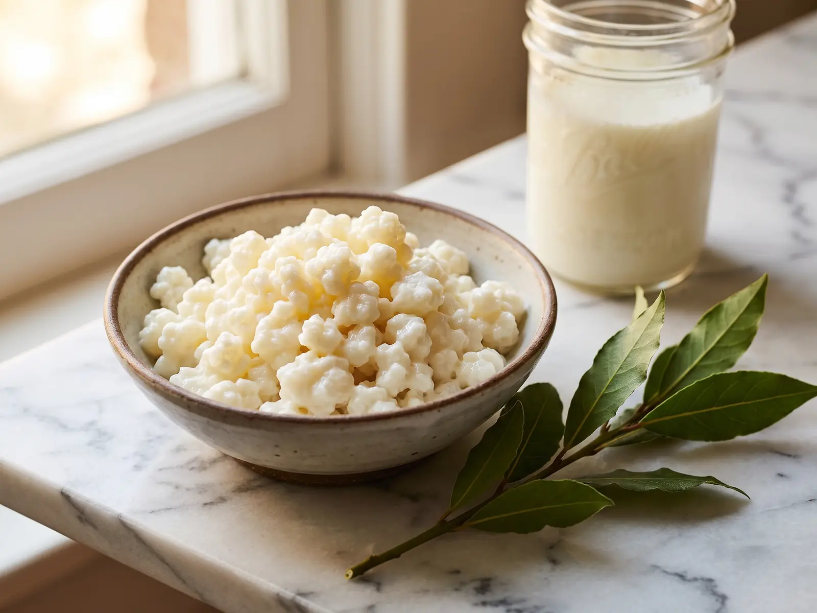 kefir bild Frischer Lorbeer auf weißem Marmor, daneben Kefirknollen in einer Schale und cremiger Milchkefir im Glas.