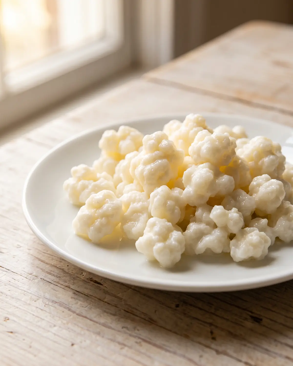 kefir blutzucker Makroaufnahme von Kefirkörnern auf einem weißen Teller mit Himbeeren im Hintergrund auf hellem Holz.
