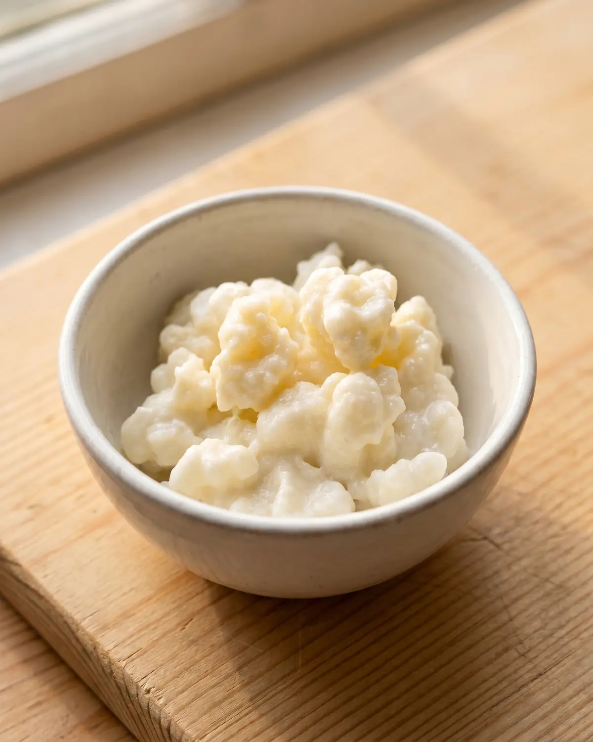 kefir erhitzen Makroaufnahme von Milchkefir-Gränulen in einer weißen Schale mit cremiger, unregelmäßiger Oberfläche.